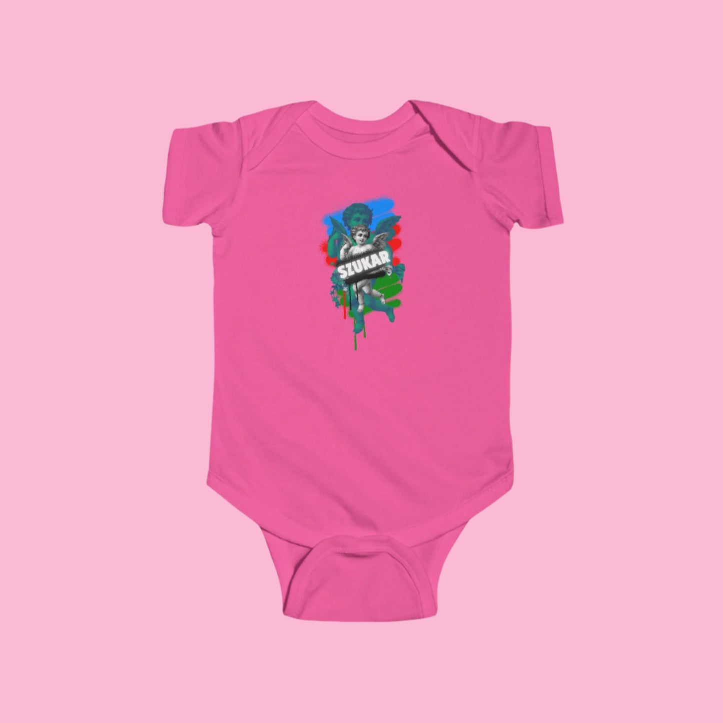 Pastel pink baby bodysuit from Szukar Roma featuring comfortable fine jersey and angel motif.