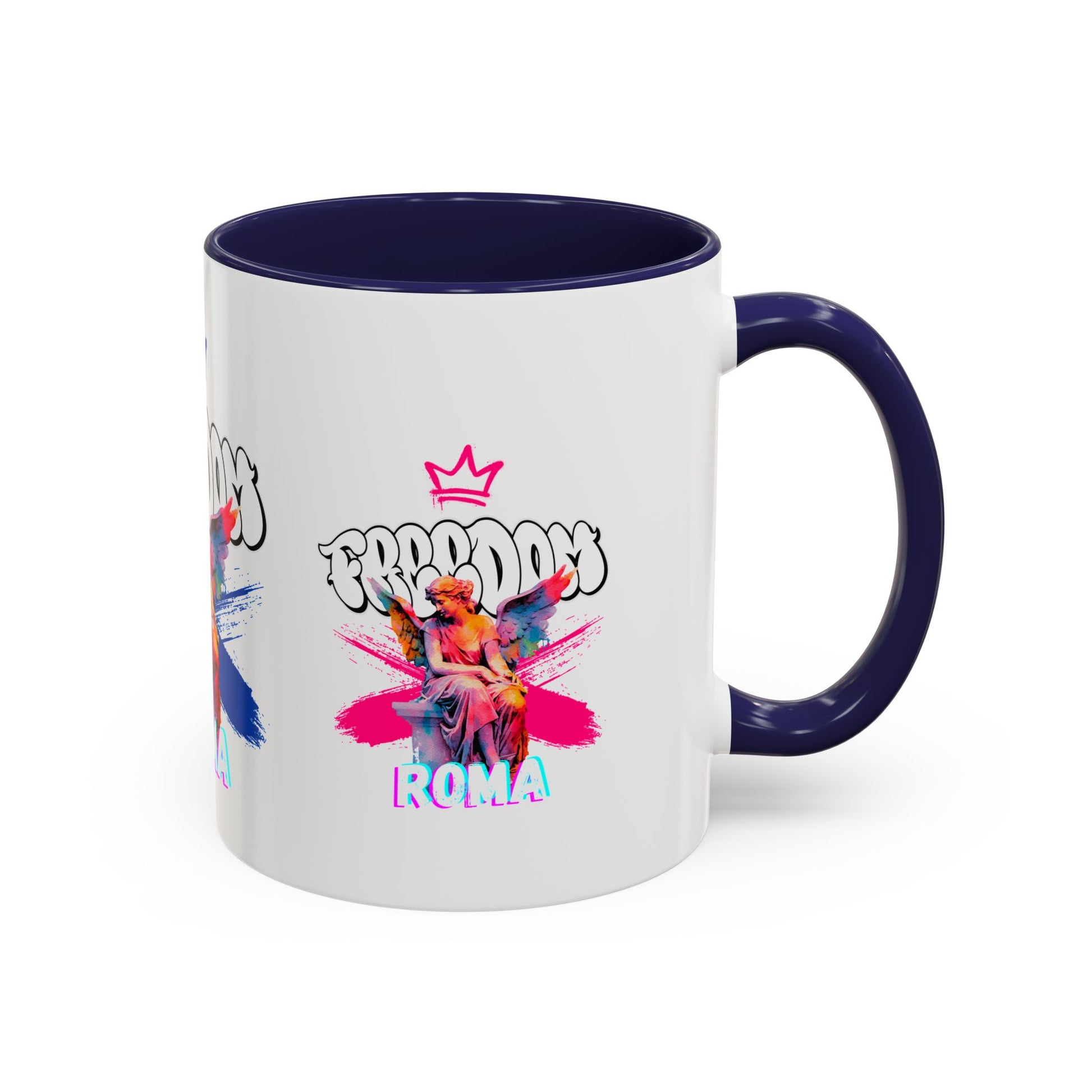 Classic white mug featuring a purple handle and lip, detailed with a crowned angel and layered freedom text behind.