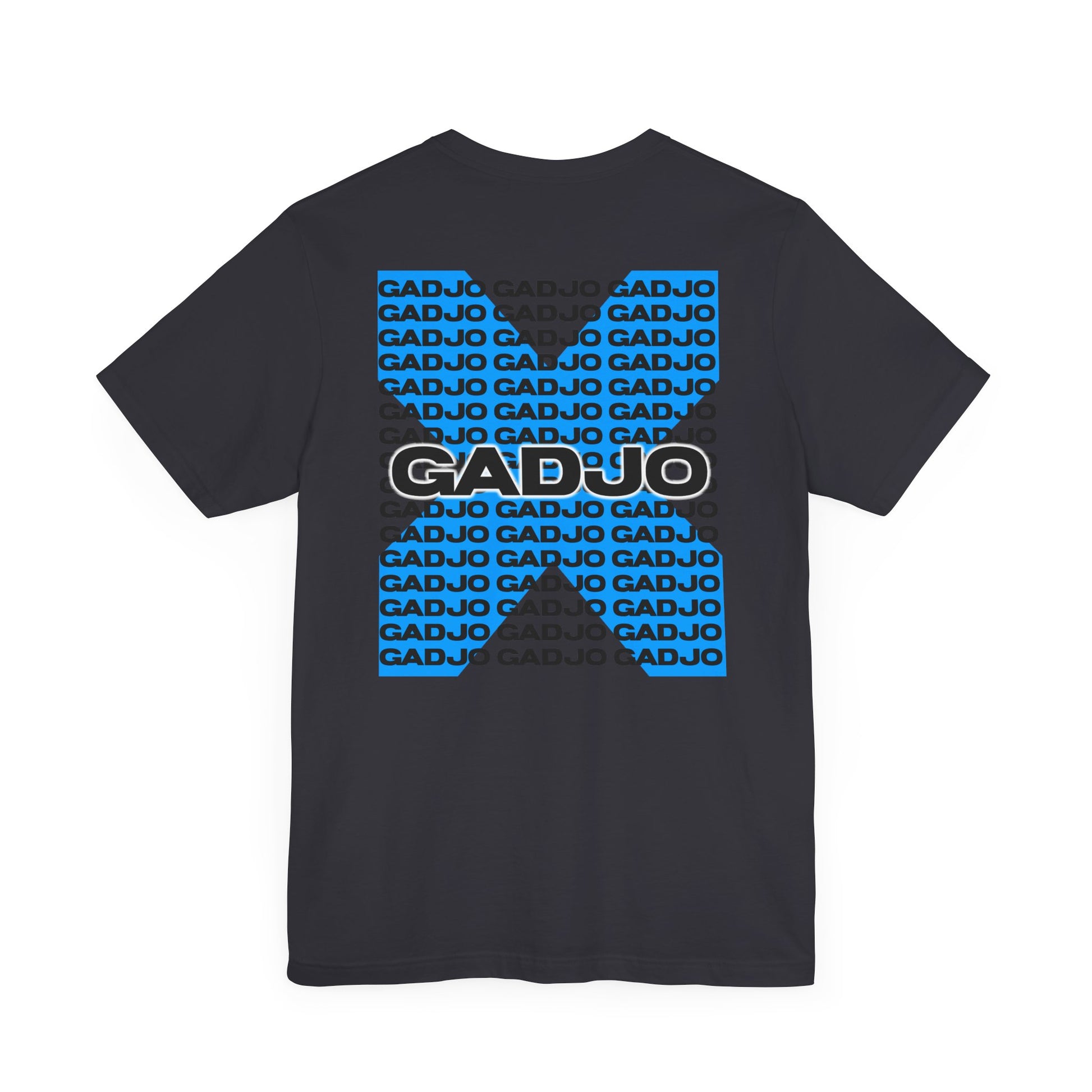 Short sleeve tee with outlined GADJO text layered over subtle abstract patterns.