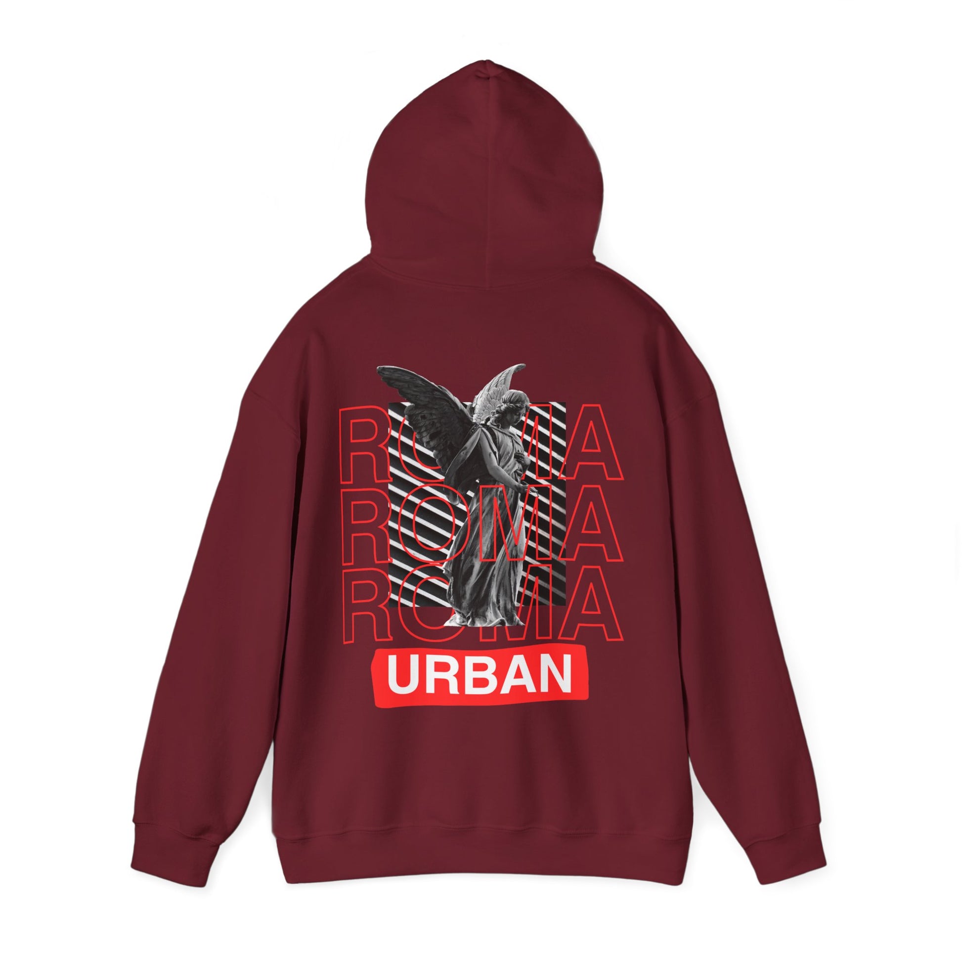 Black hoodie showcasing ancient statue fused with ROMA street text and minimal “URBAN” at the base.


