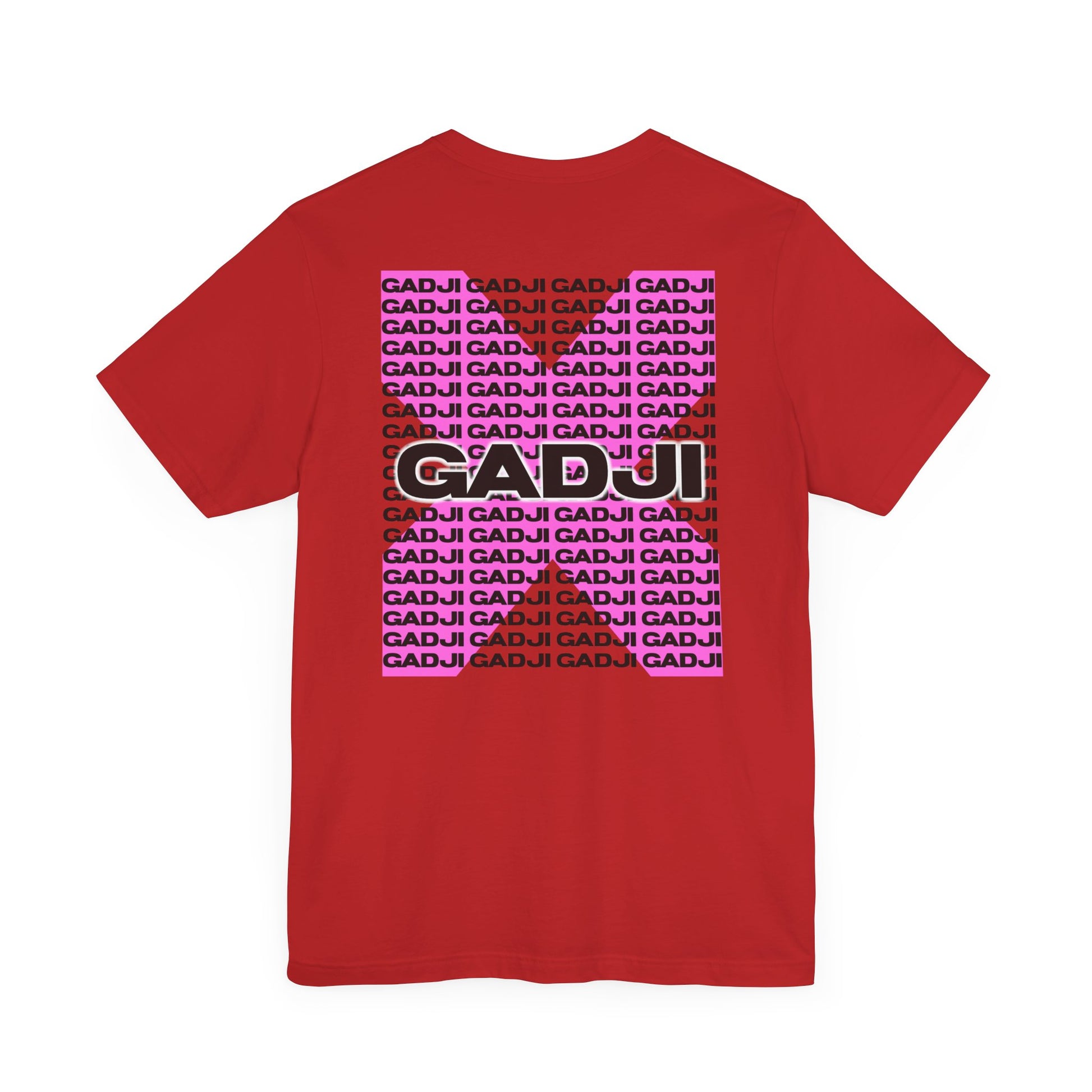 Maroon short sleeve t-shirt with gold GADJI lettering inspired by classic Roman monuments.