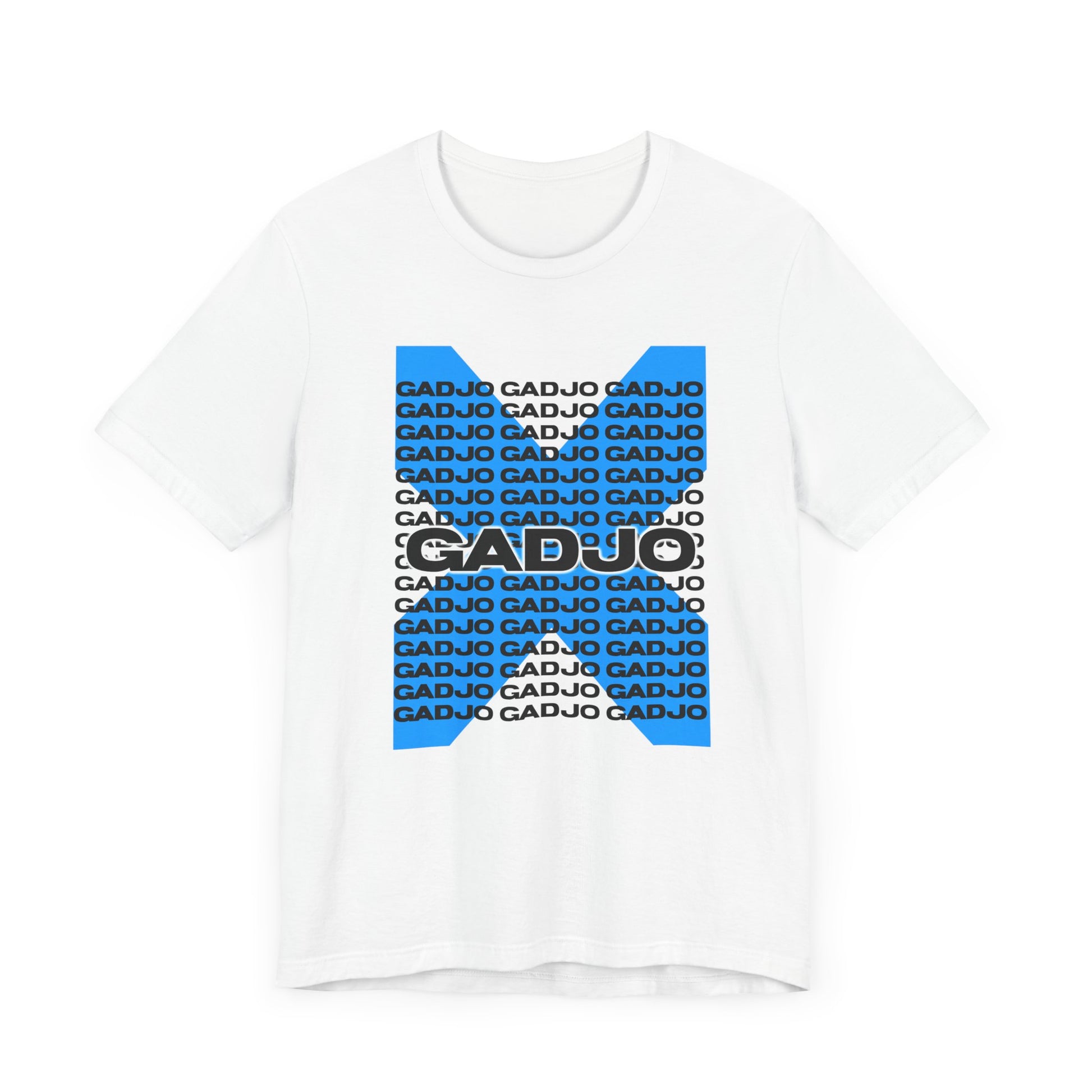 Shirt design with GADJO text placed under a sketched skyline, blending city and tribe