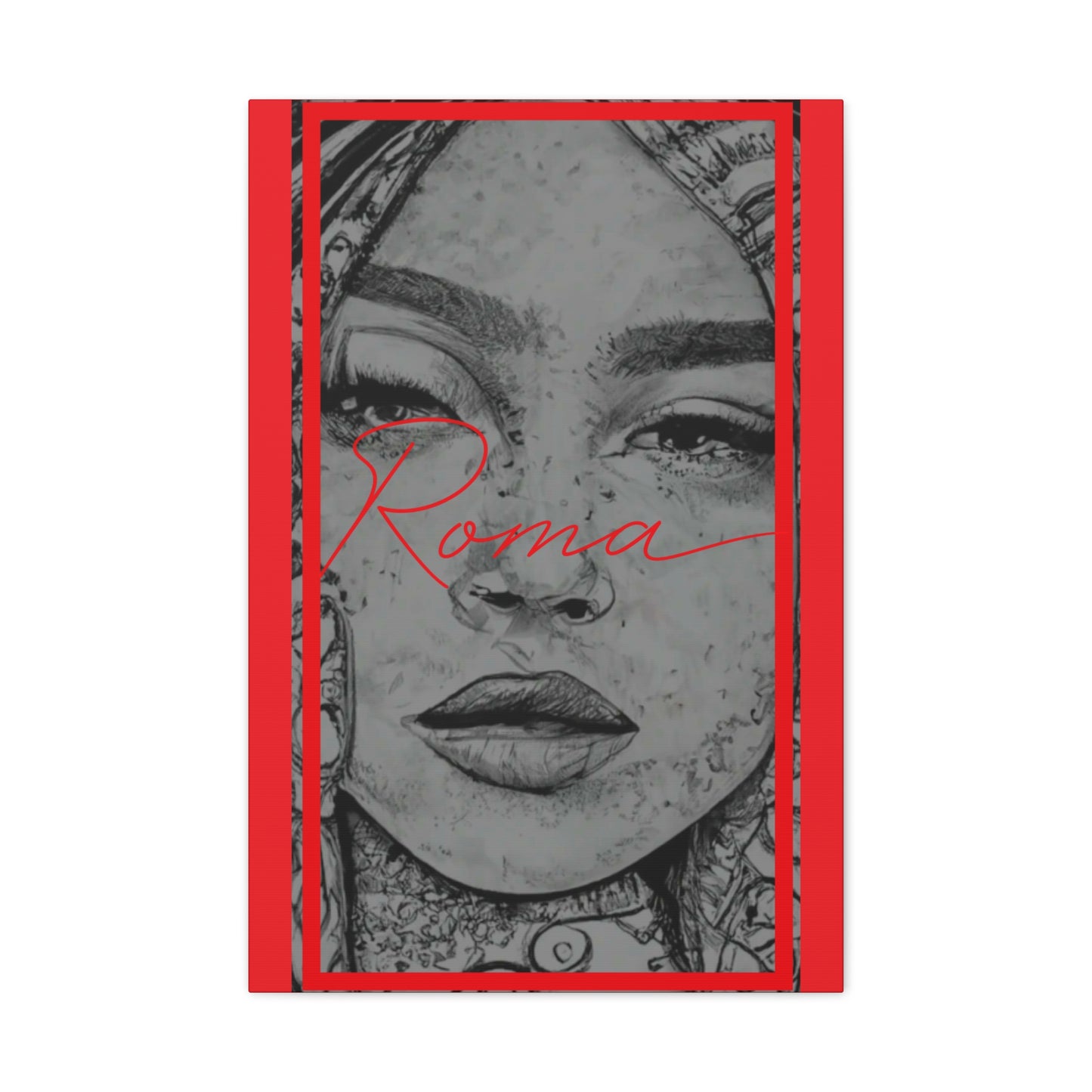Portrait canvas blending realism and abstraction, showing a girl’s face in quiet sorrow next to elegant ROMA lettering.
