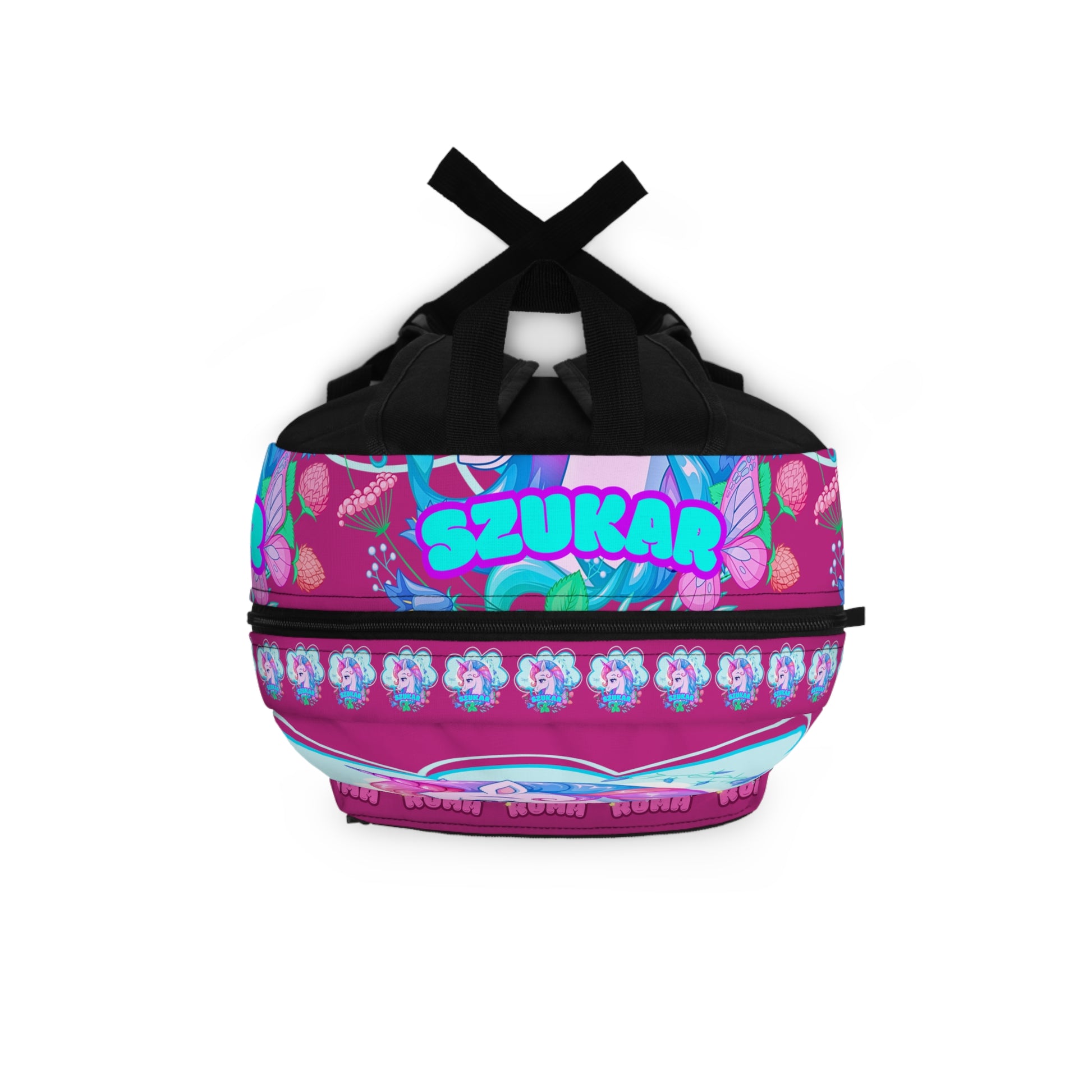 Pink backpack featuring a whimsical unicorn design and bold SZUKAR text.

