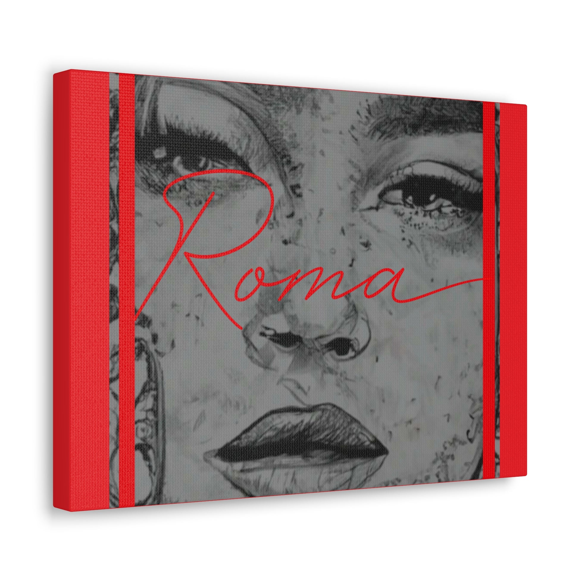 Modern wall art with a high-detail close-up of a girl's pained expression, balanced by bold ROMA lettering at the corner.