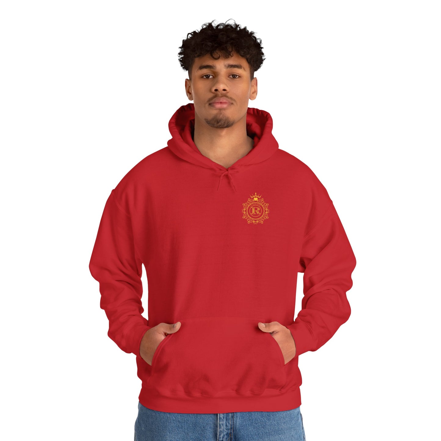 Minimal graphic hoodie with a signature circle housing a bold R and SZUKAR ROMA beneath a crown.

