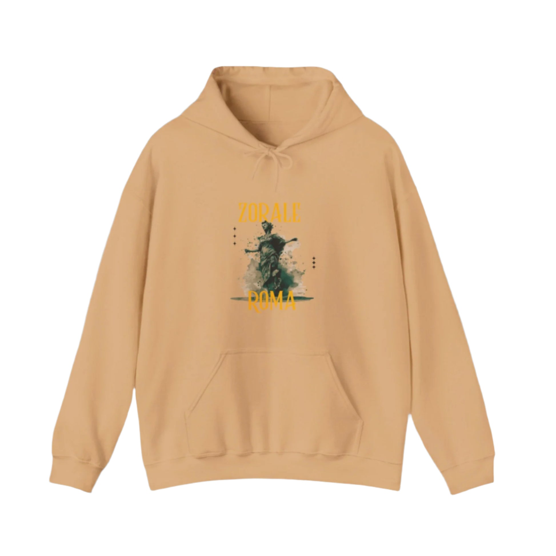 Beige hoodie with graphic design on a white background