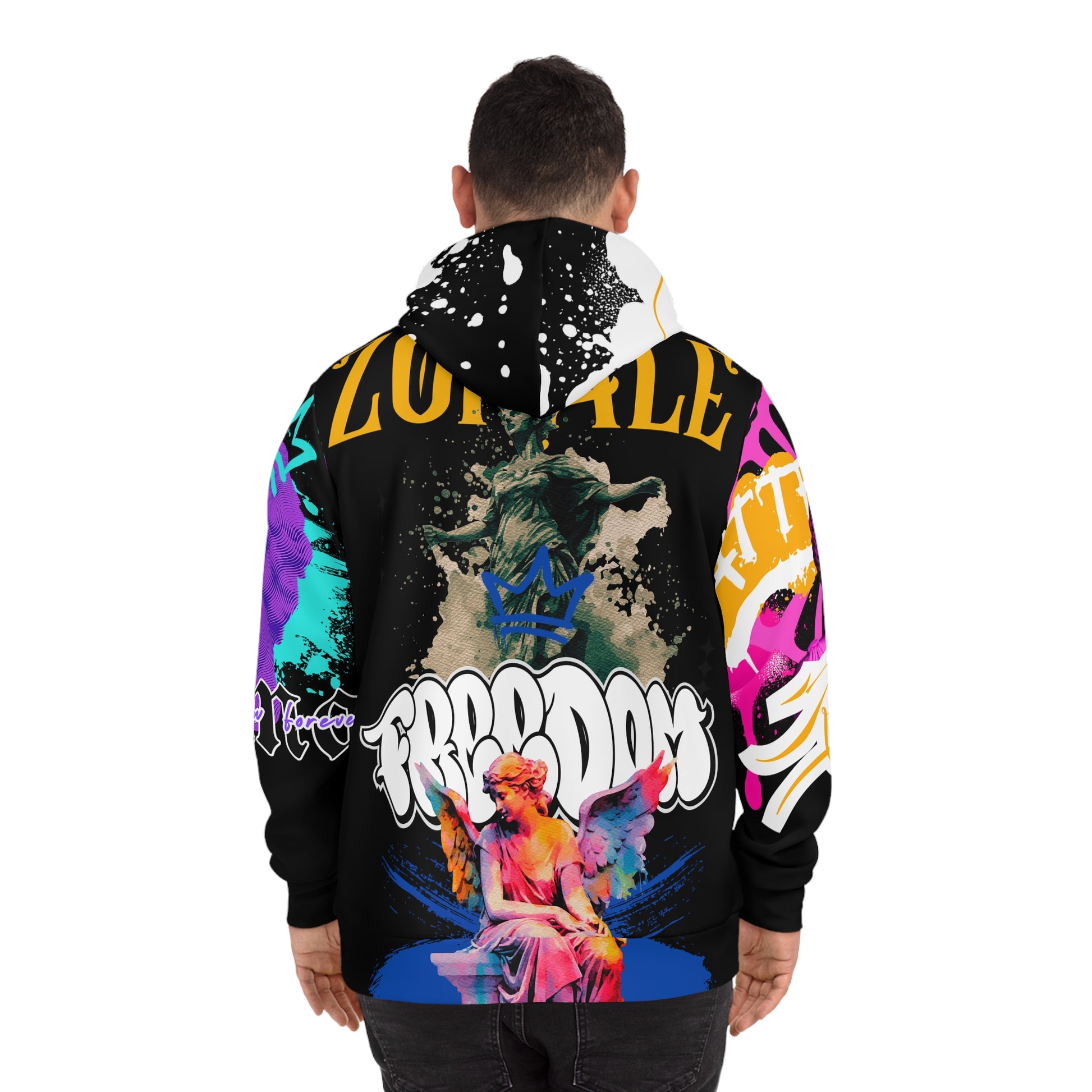 Bold hoodie with continuous Roma statue illustrations and repeating ZORALE and FREEDOM words wrapping around the hoodie.

