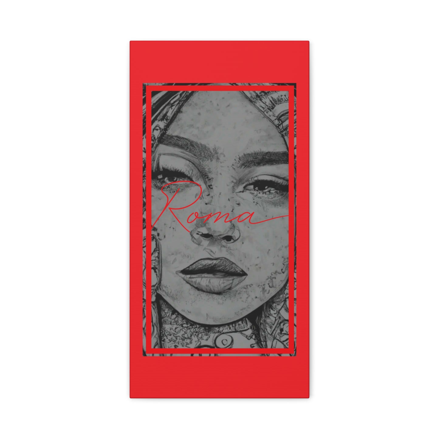 Canvas art focusing on raw emotion in a girl’s face, her eyes moist with tears, alongside striking ROMA typography.
