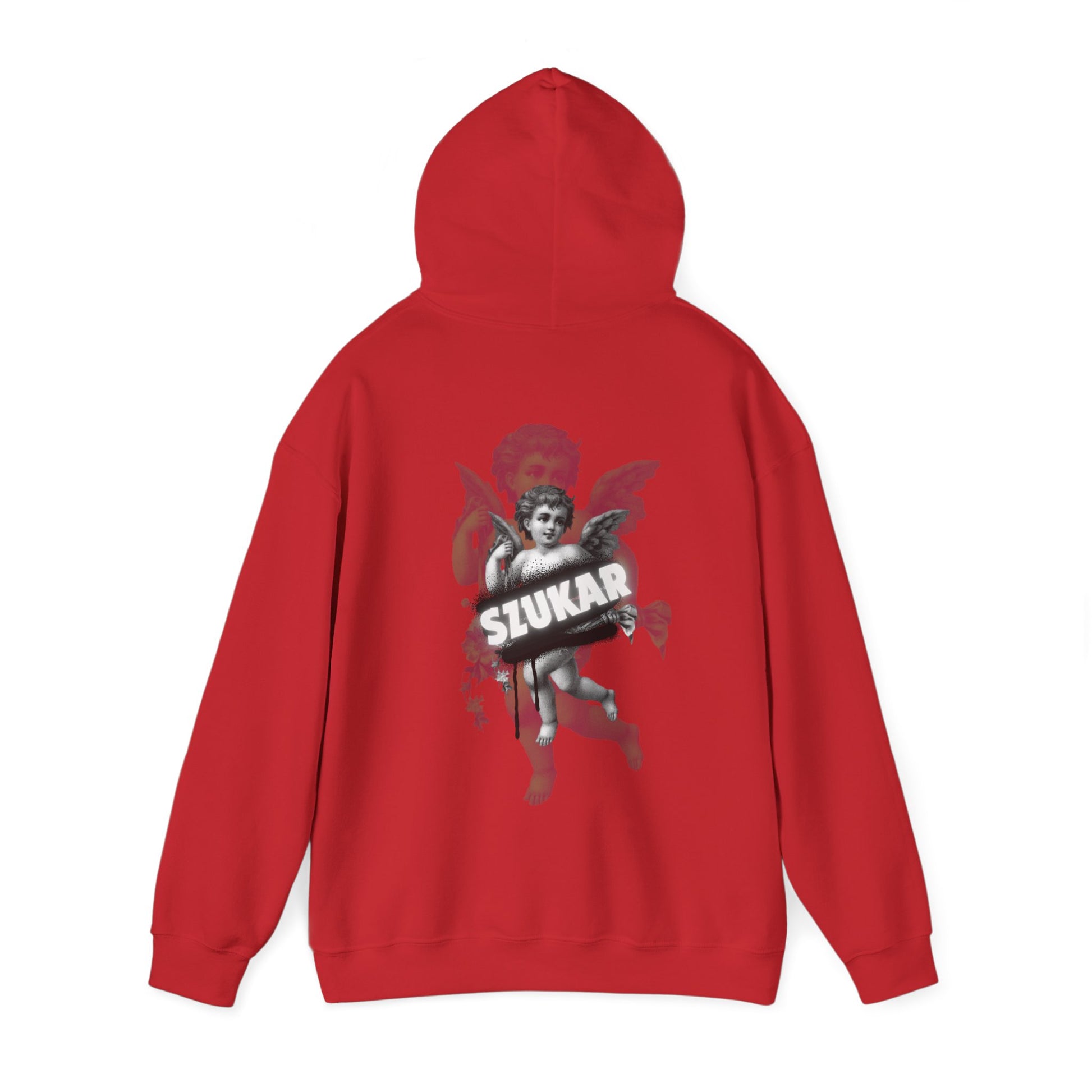 Everyday wear hoodie showcasing an angel motif alongside bold ‘SZUKAR’ text.