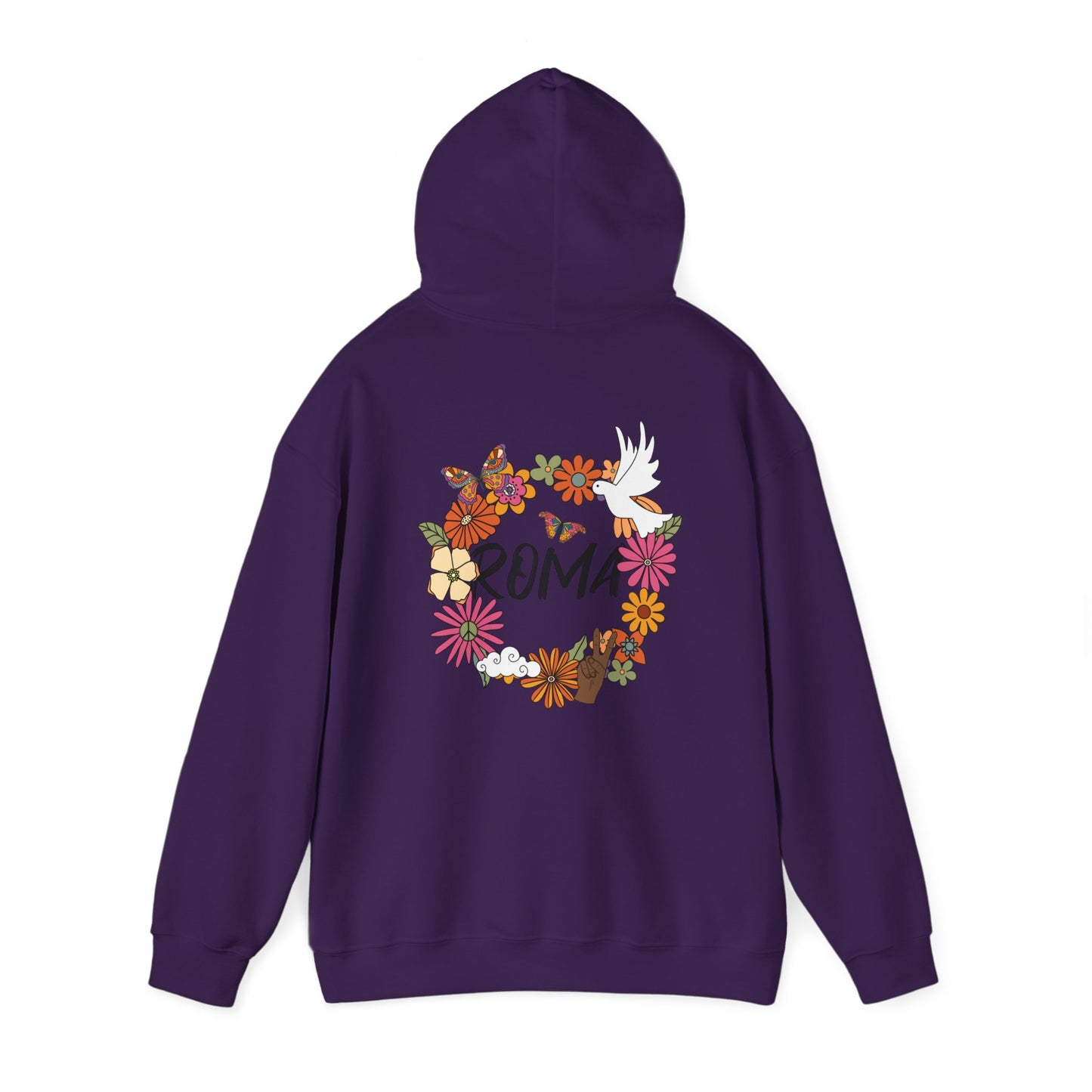 Street-style hoodie with a striking ‘R’ symbol and subtle ‘SZUKAR ROMA’ typography beneath the graphic.