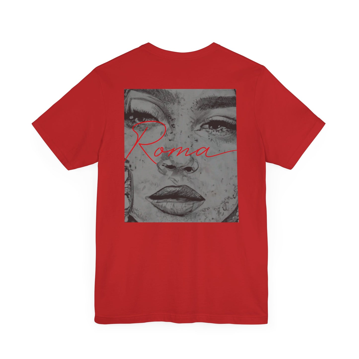 Men’s short sleeve shirt with a detailed Roma statue illustration, 'ATTENTION' text as backdrop, and 'Roma' caption below.