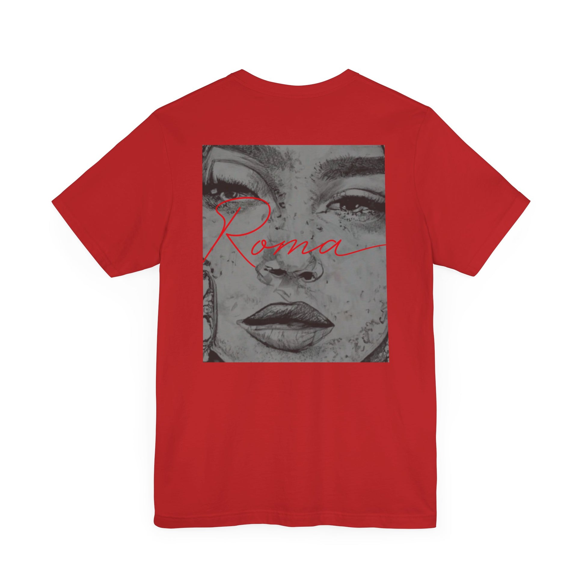 Men’s short sleeve shirt with a detailed Roma statue illustration, 'ATTENTION' text as backdrop, and 'Roma' caption below.