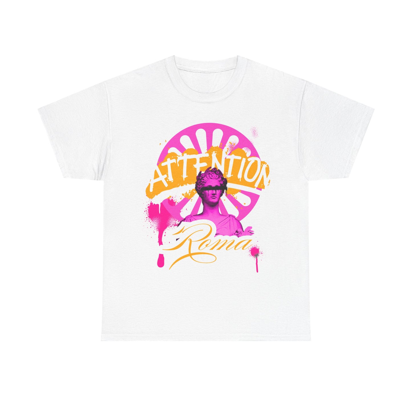 Casual tee displaying a powerful Roma statue graphic, layered with 'ATTENTION' text behind and 'Roma' written below the image.