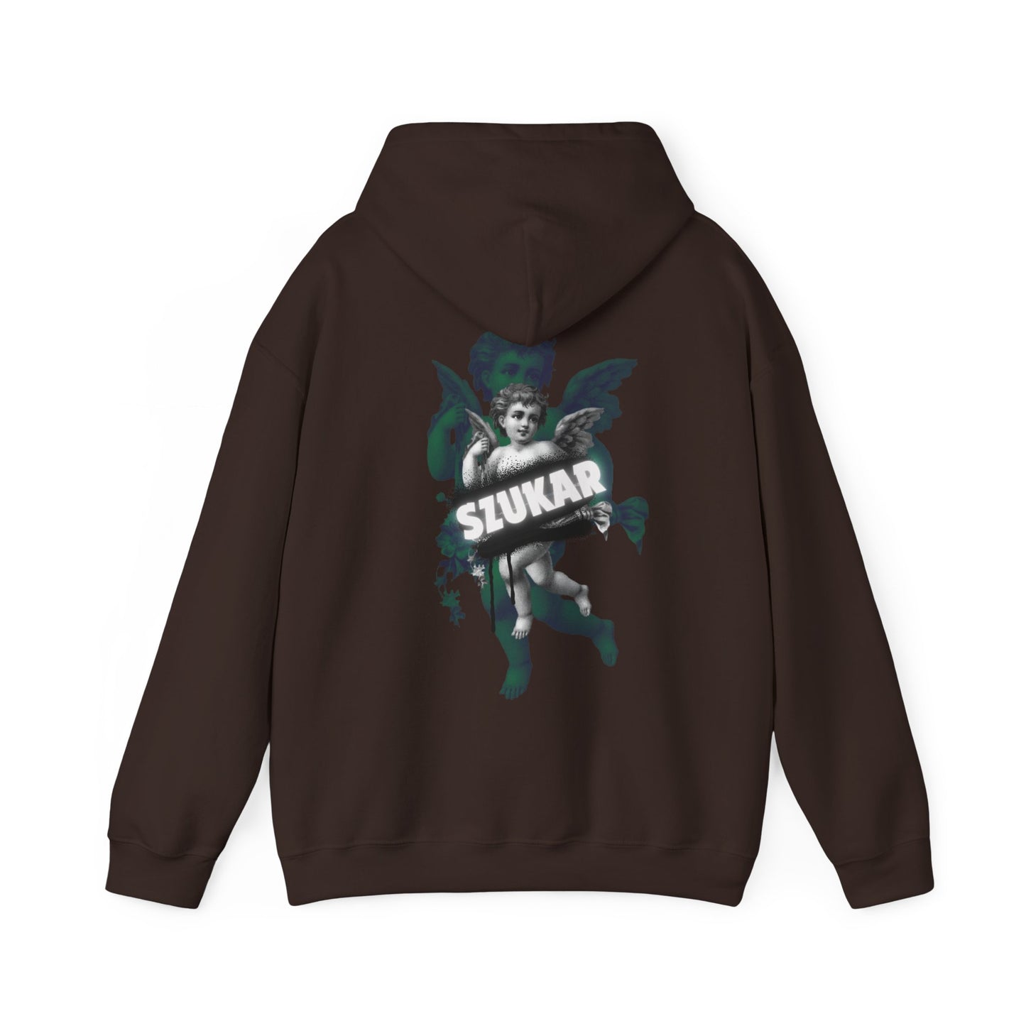 Hoodie with vintage-inspired angel wings and minimal ‘SZUKAR’ lettering in faded print.