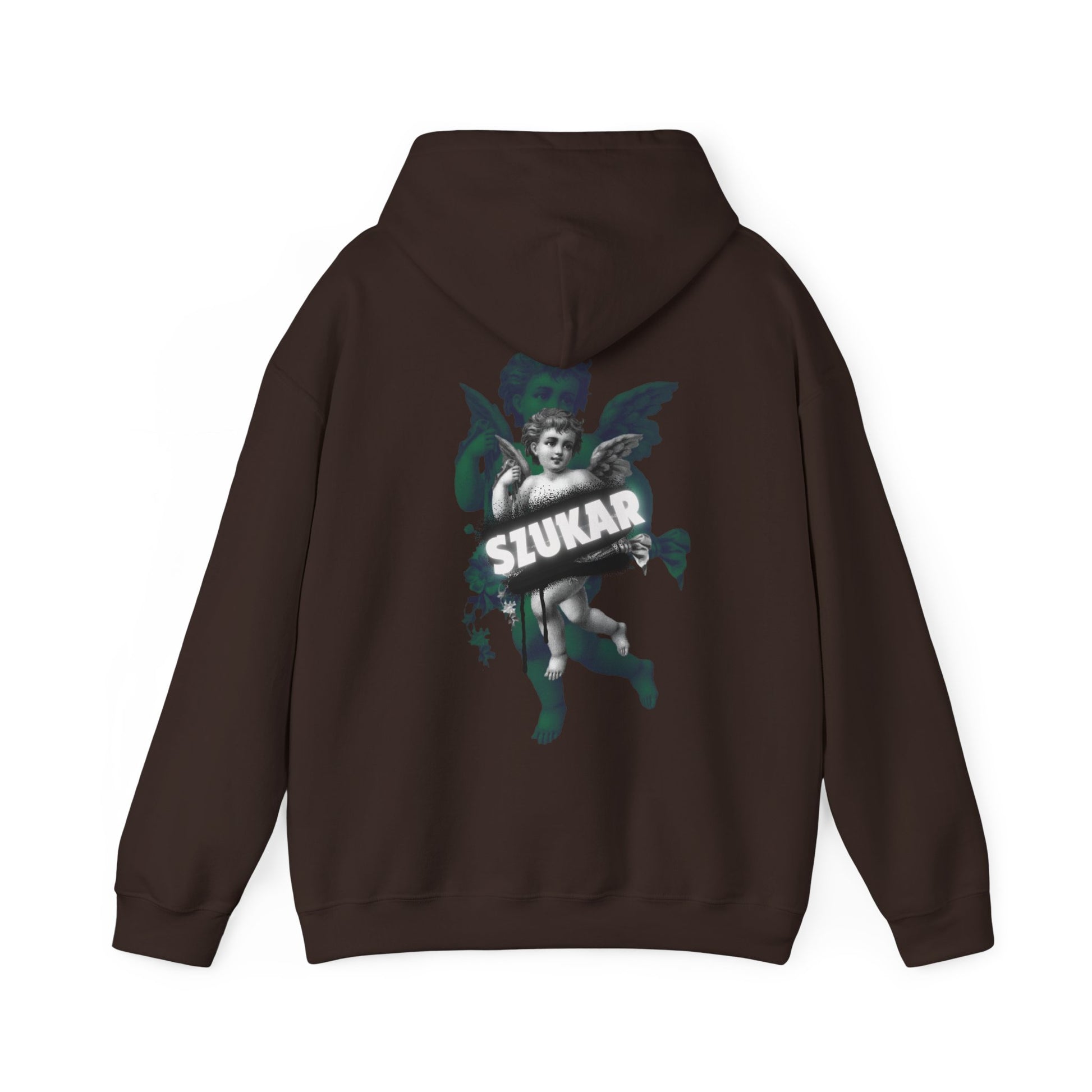 Hoodie with vintage-inspired angel wings and minimal ‘SZUKAR’ lettering in faded print.