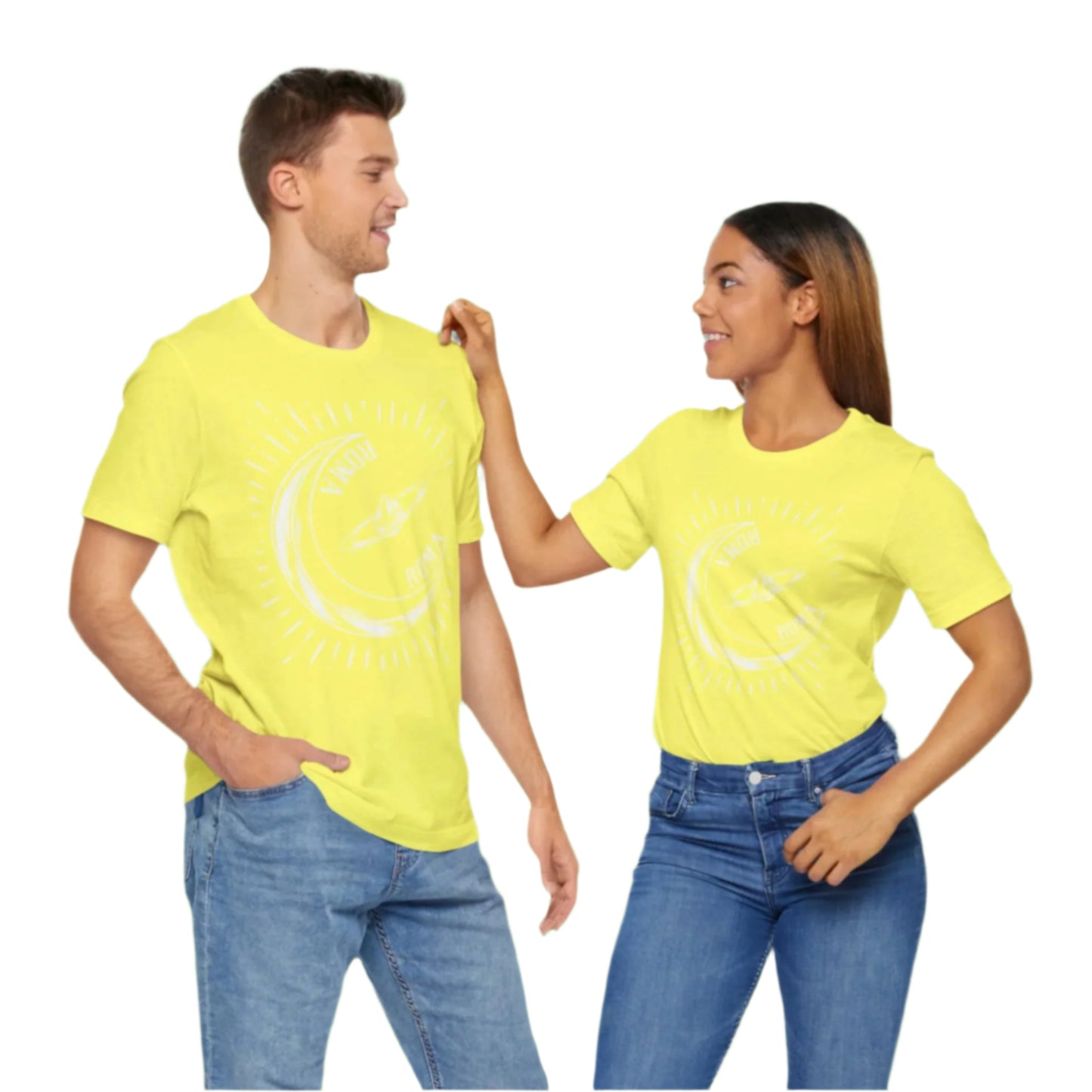 Unisex t-shirt featuring space theme elements and type-forward vertical ROMA design.