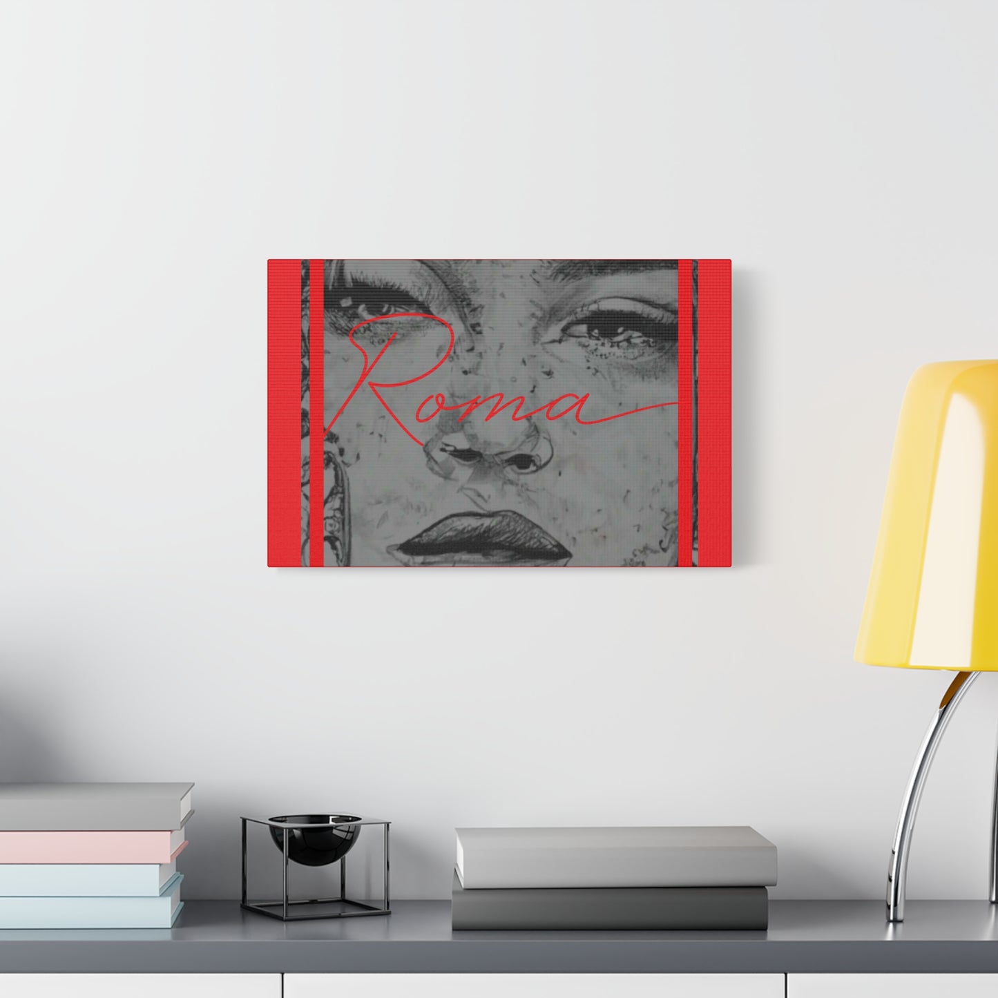 Artistic canvas print capturing a girl's vulnerable gaze, tears on the edge, framed by bold ROMA text to evoke resilience.