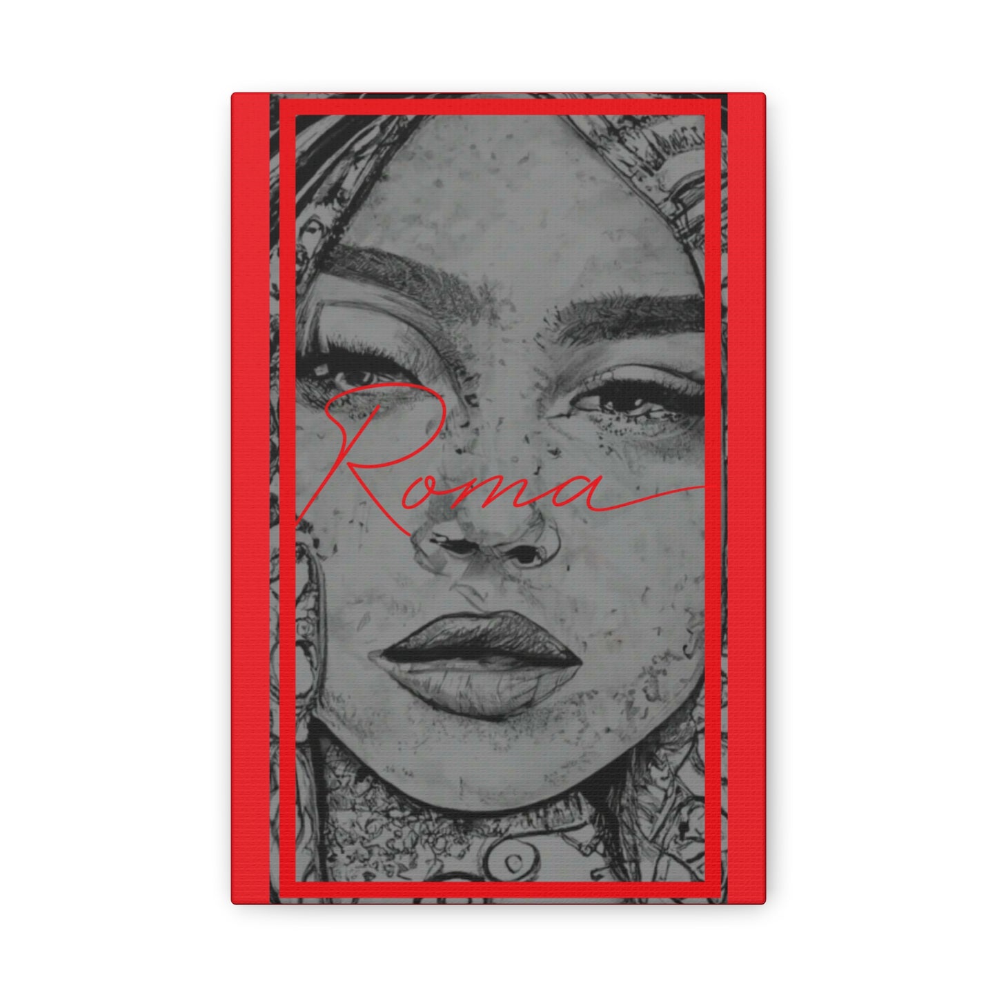 Canvas print of a girl’s face showing quiet emotion with tears, accented by vertical ROMA letters.