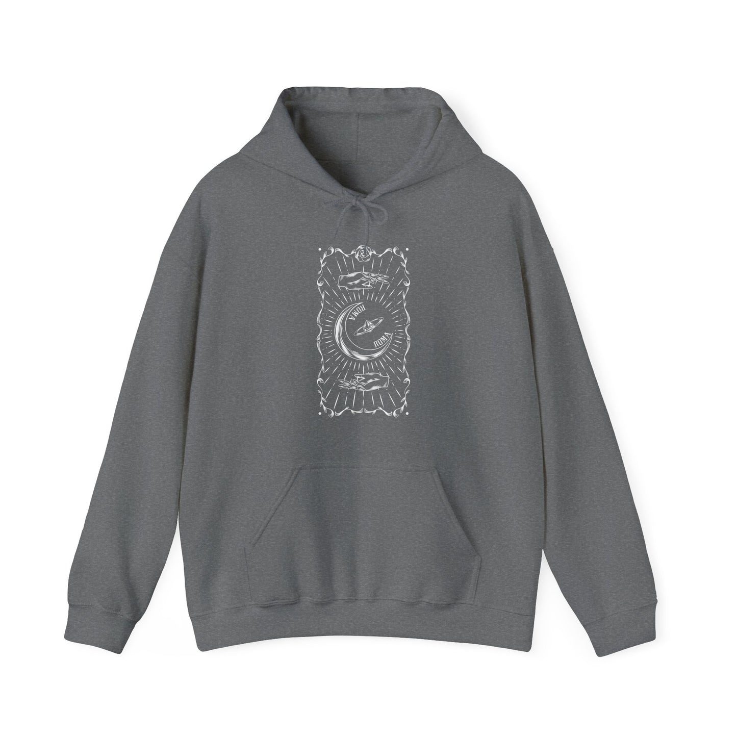 Soft ash gray hoodie with clean half-moon logo and ROMA inscription