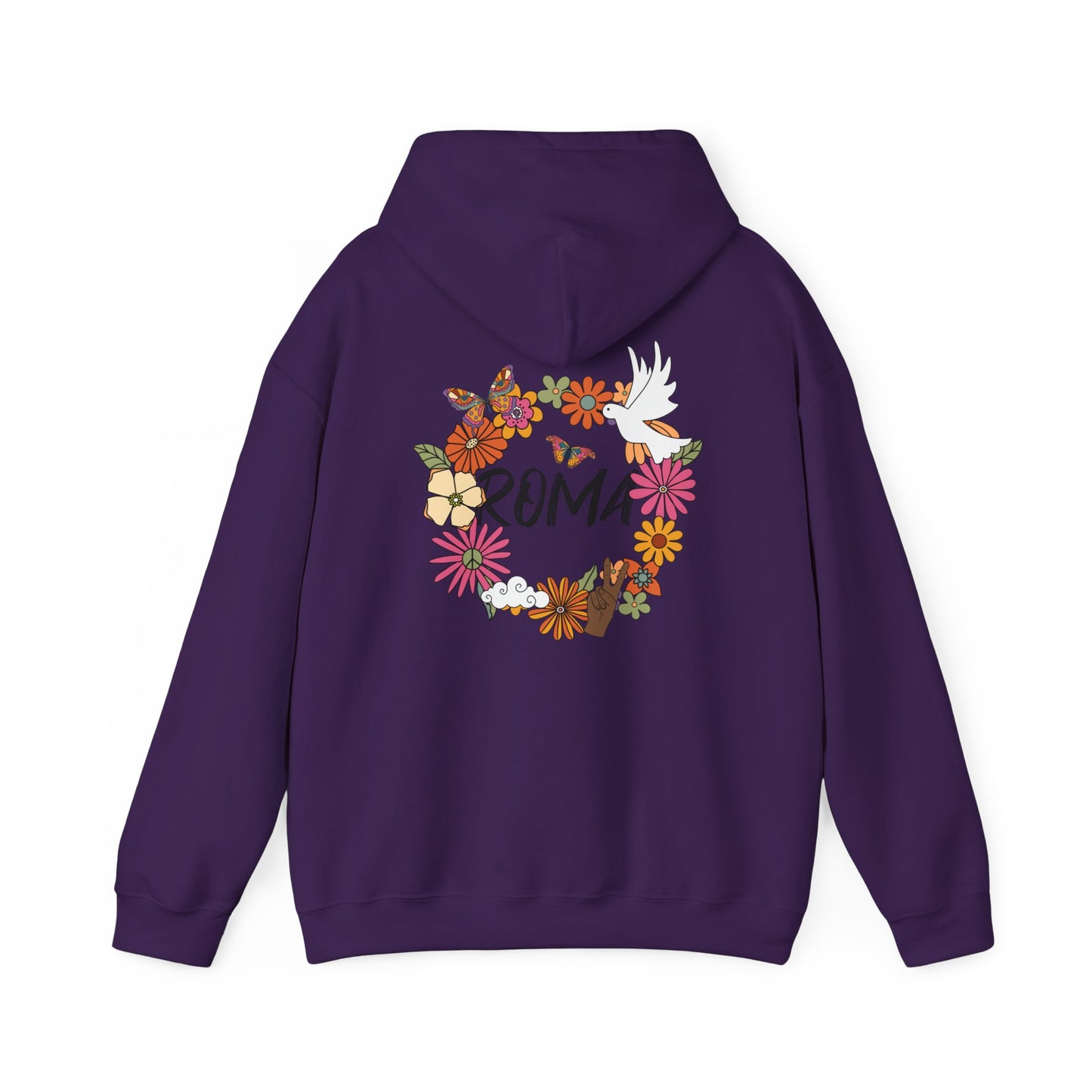 Hoodie featuring a circular floral wreath with a dove in the center and the text “ROMA” inside the circle.