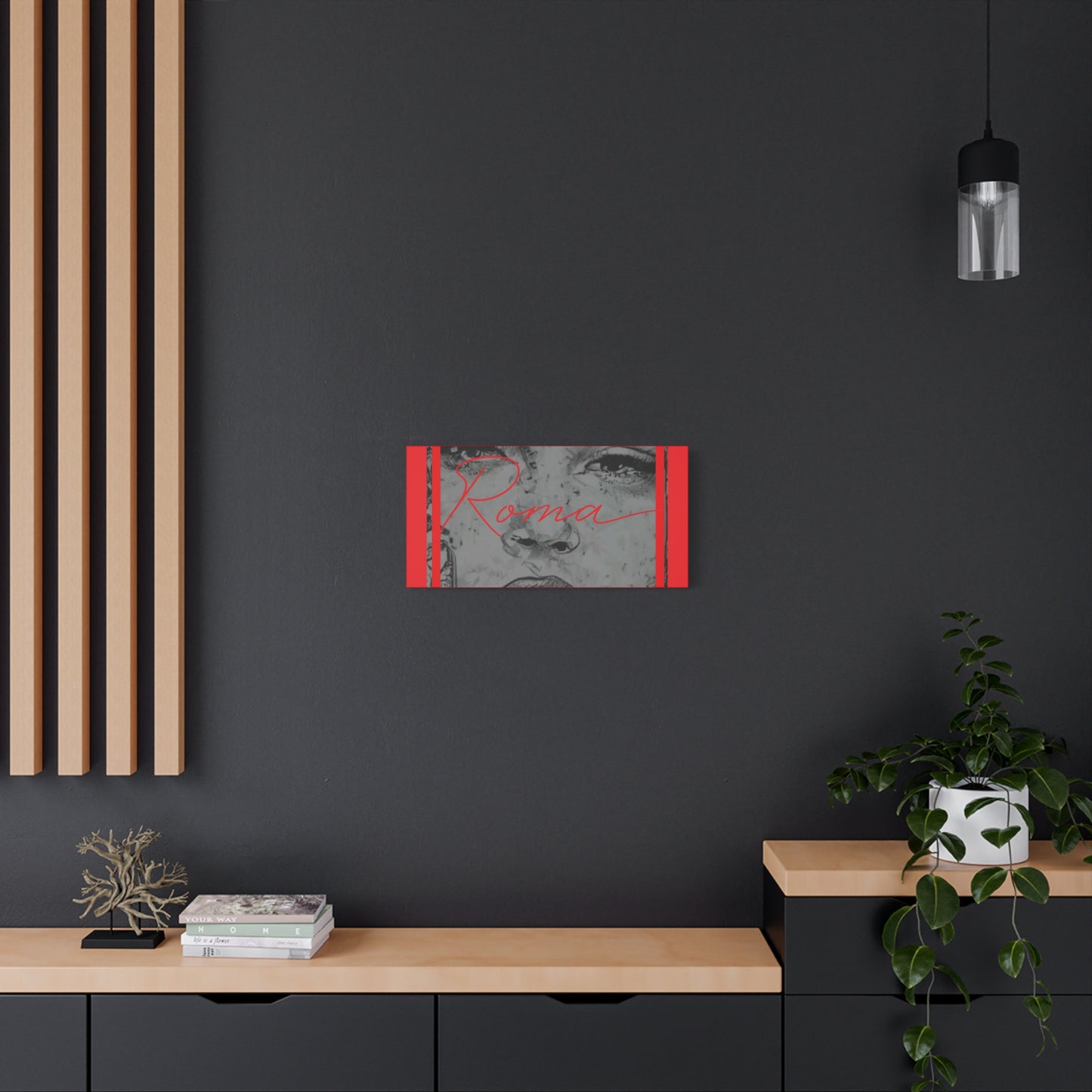 Moody canvas featuring a heartfelt gaze from a girl, with sleek vertical ROMA lettering along the edge.