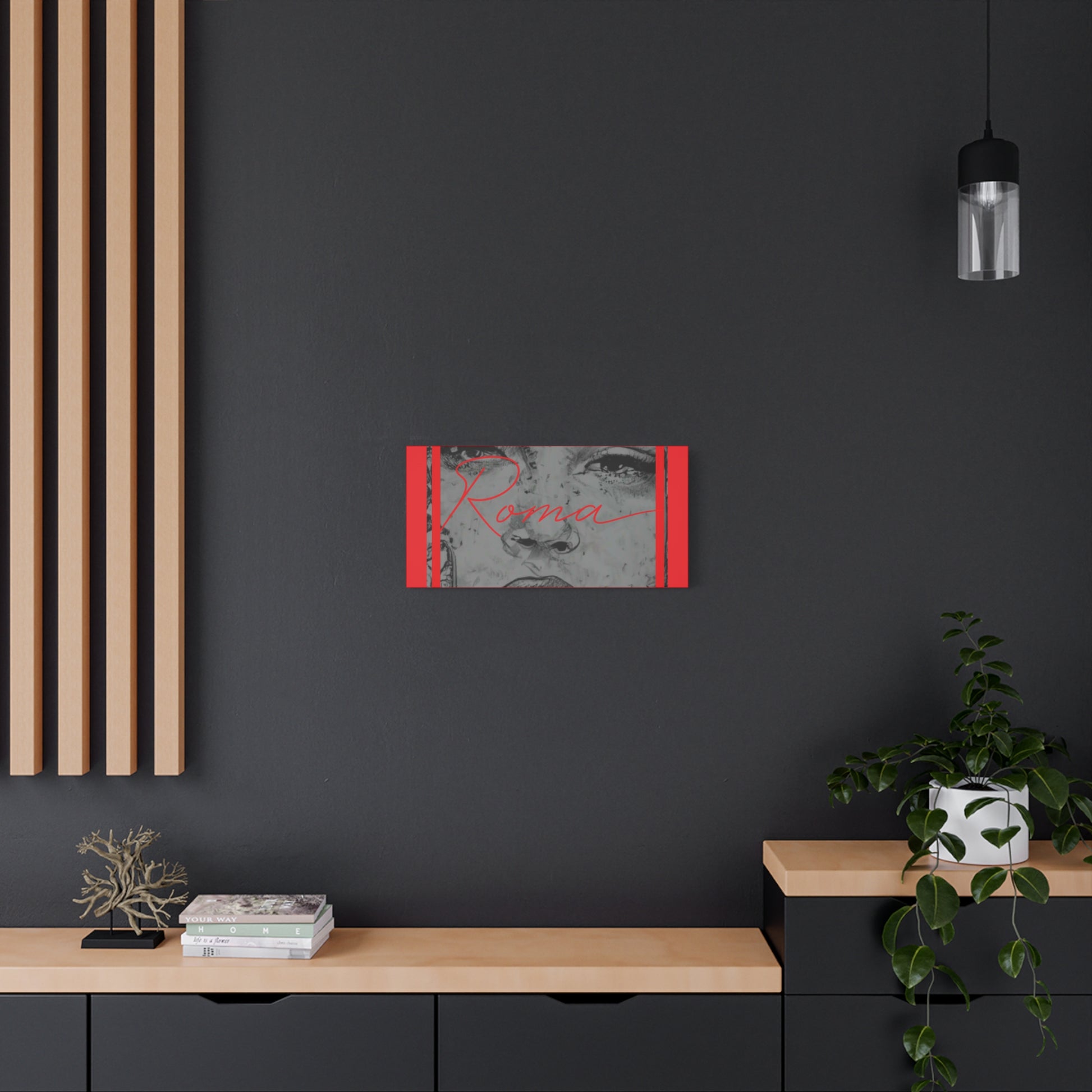 Moody canvas featuring a heartfelt gaze from a girl, with sleek vertical ROMA lettering along the edge.