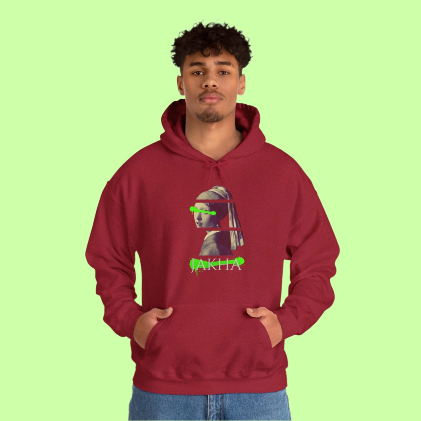 Statement hoodie showcasing a Roma girl with a slight tear, set against faded text and abstract shapes.

