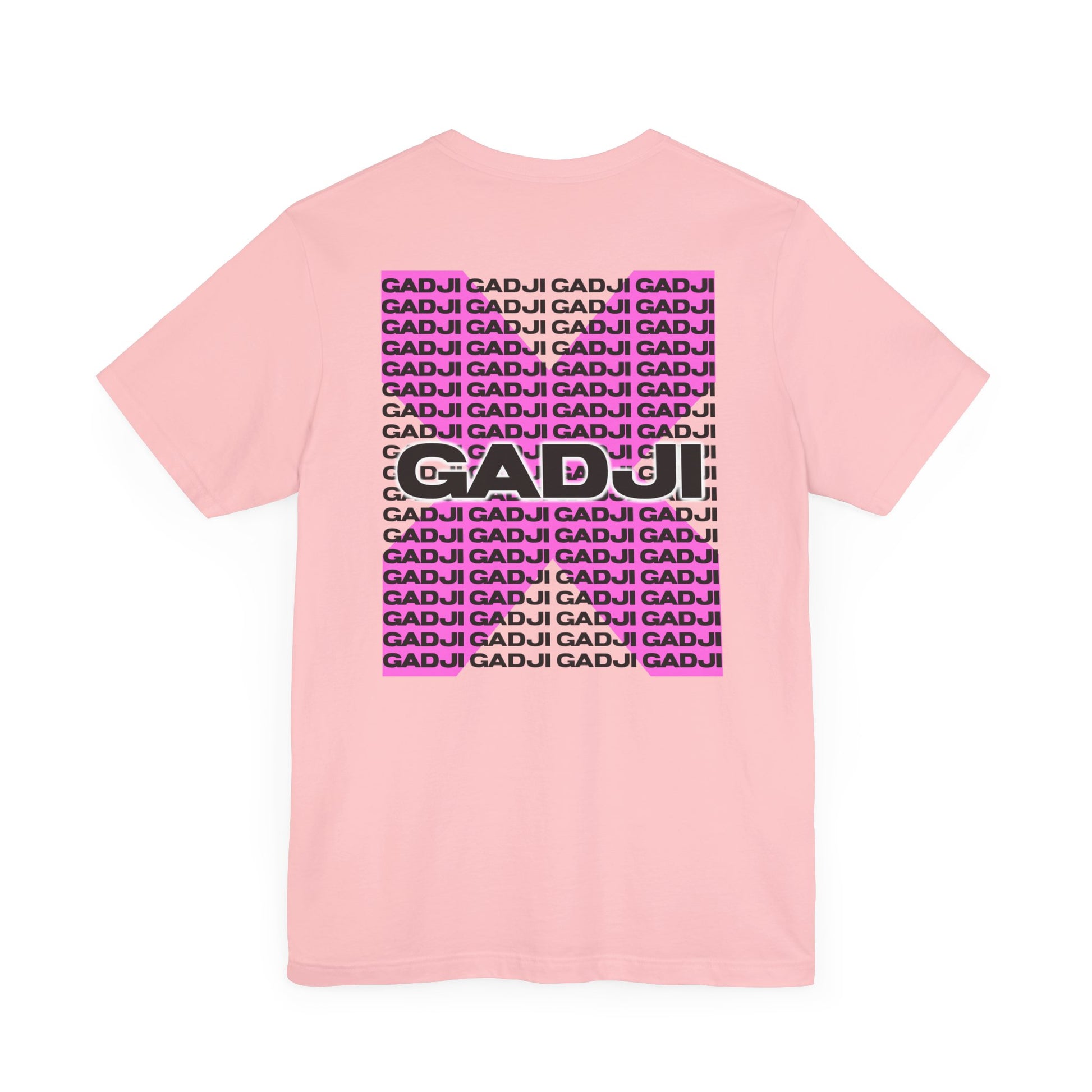 Stone gray shirt with GADJI lettering in cracked marble Roma design.
