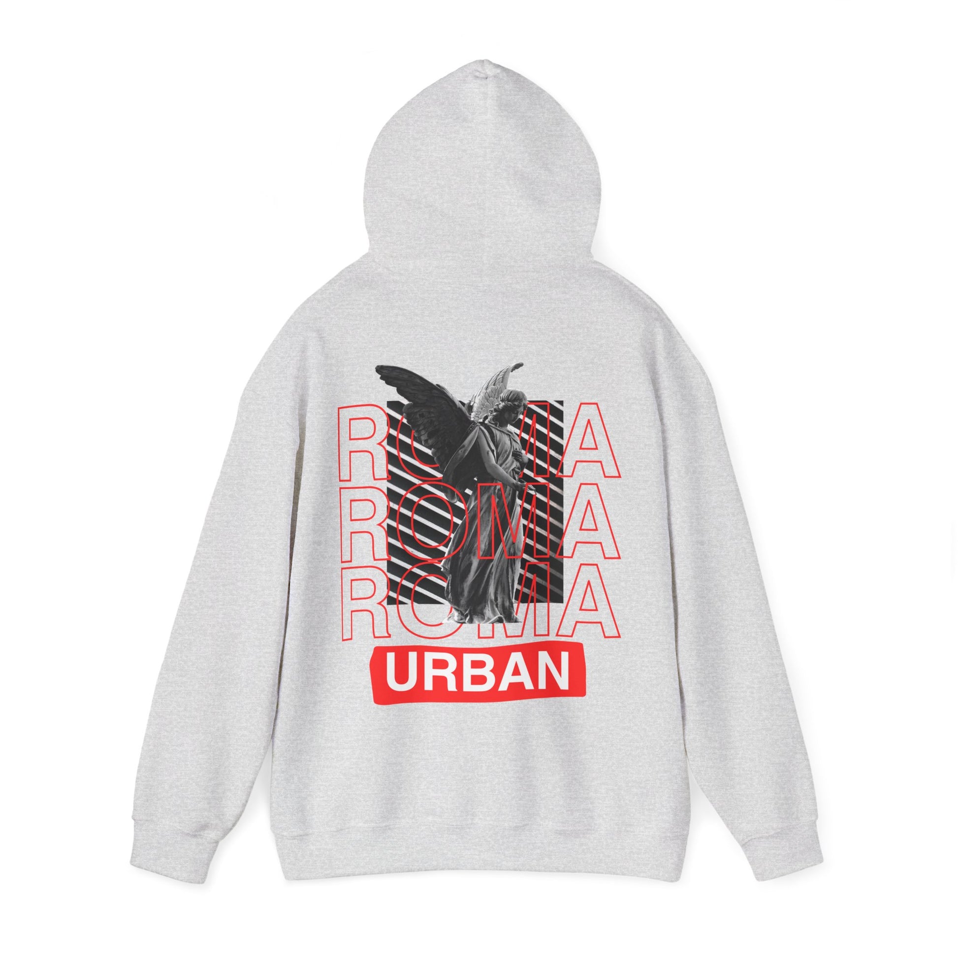 Urban hoodie with statue centerpiece over ROMA capitals and small “URBAN” text detail.
