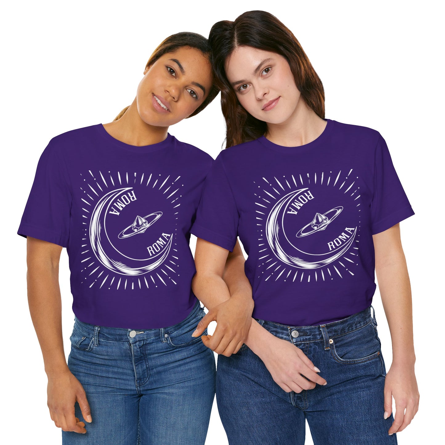 Two Women In Purple  with night-inspired moon symbol and elegant ROMA branding and ROMA label and dreamy moon motif