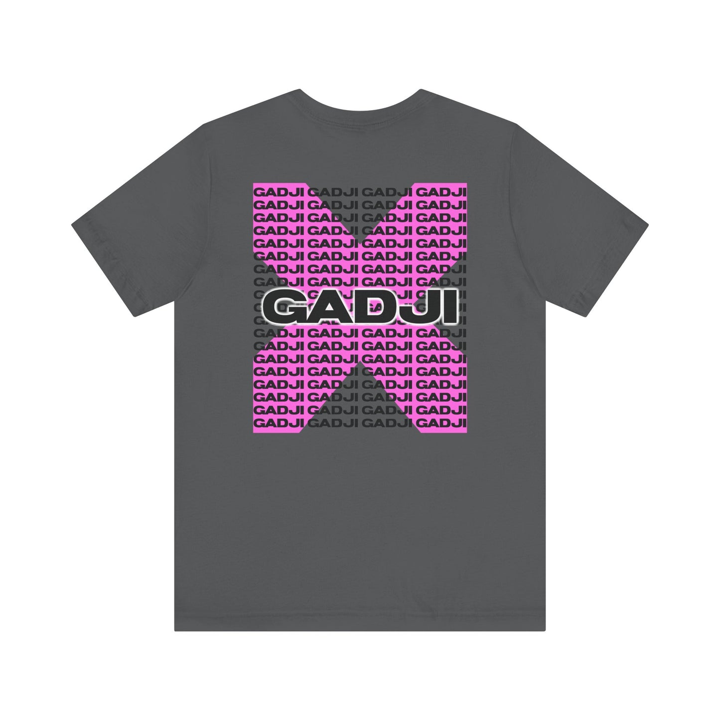 Soft pink t-shirt printed with GADJI text in bold Roma-inspired block letters.