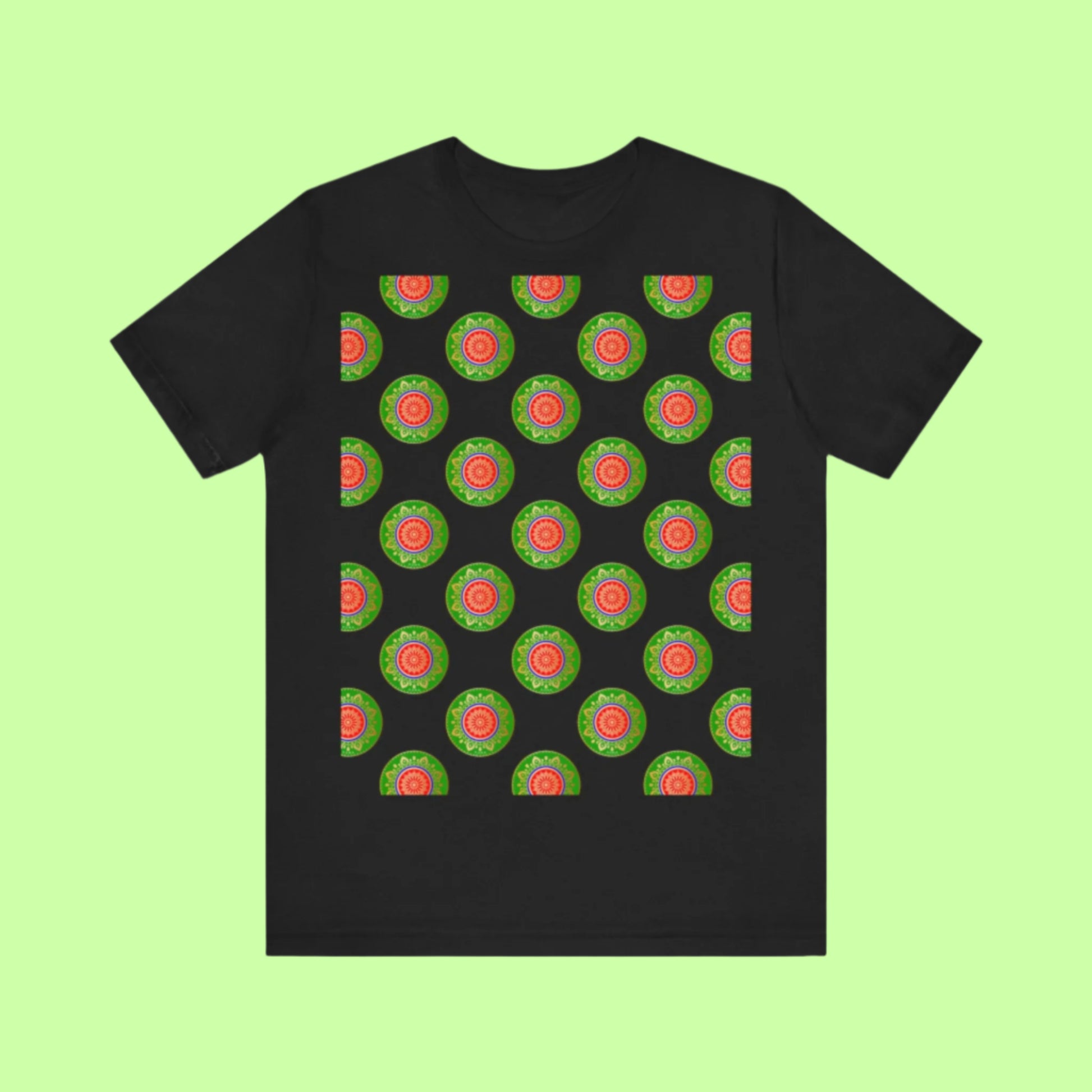 Soft cotton tee showcasing a bold print of a girl embedded in a circular Roma-style tribal crest.