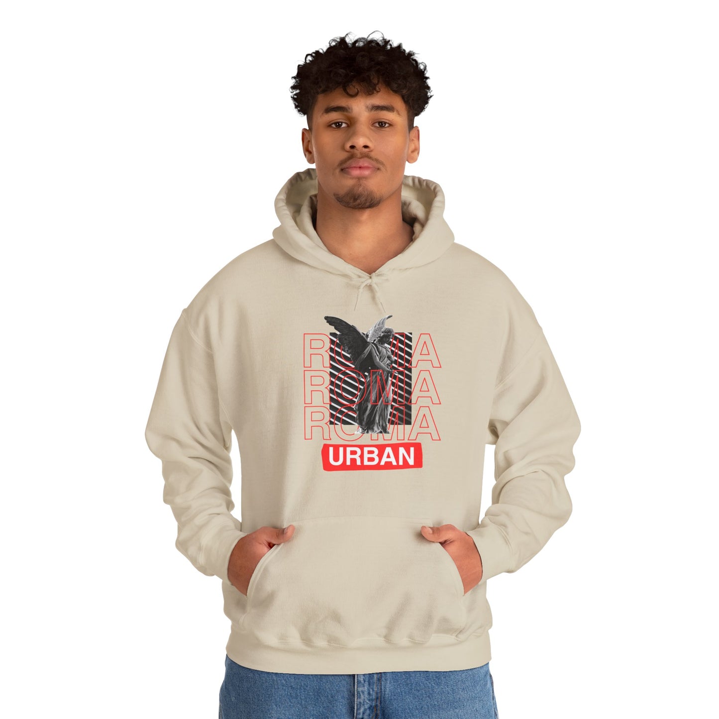 Grunge-inspired hoodie design with ROMA text, statue overlay, and “URBAN” accent beneath.
