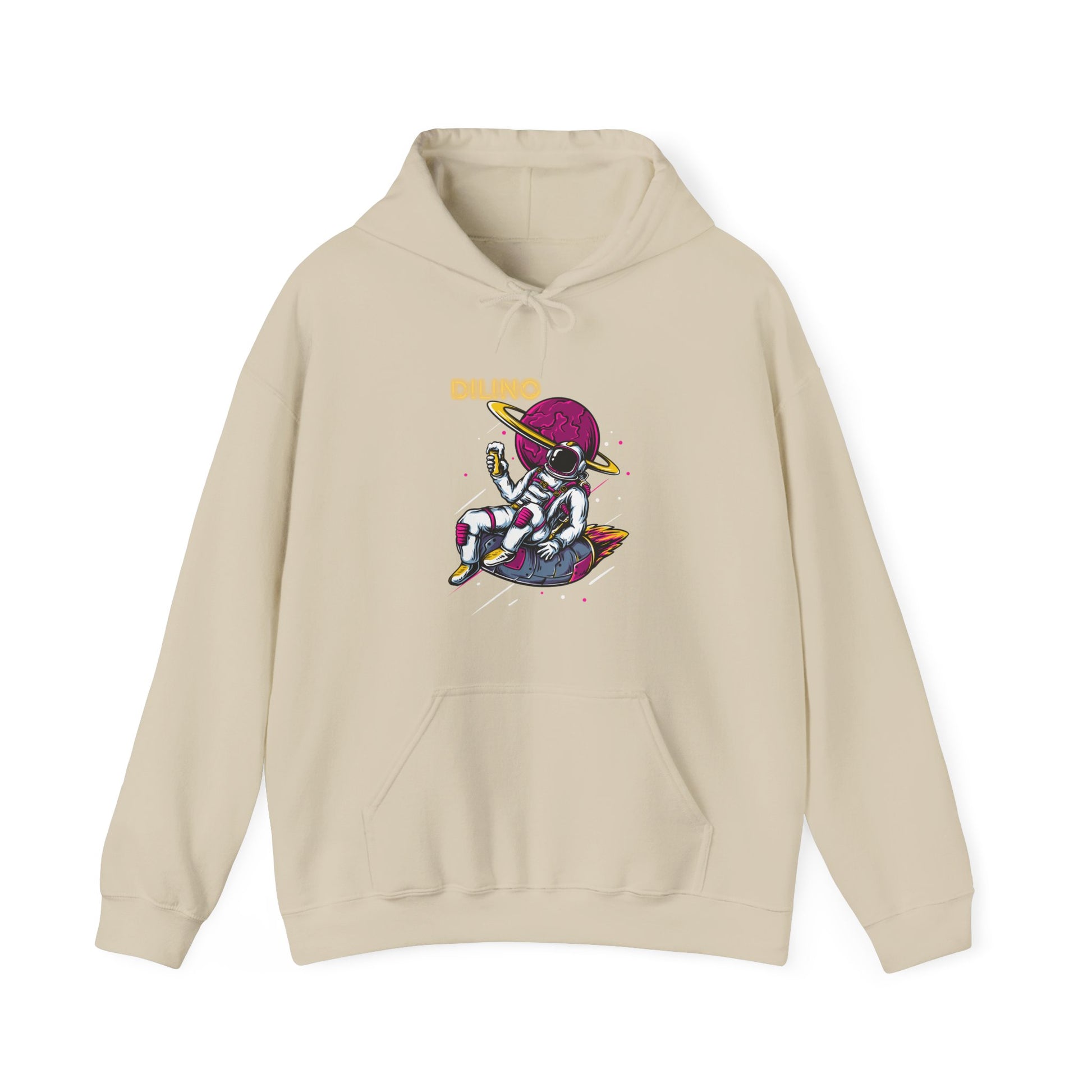 Minimalist black hoodie with a lunar-themed design: an astronaut floats in space with “DILINO” printed in clean type below.

