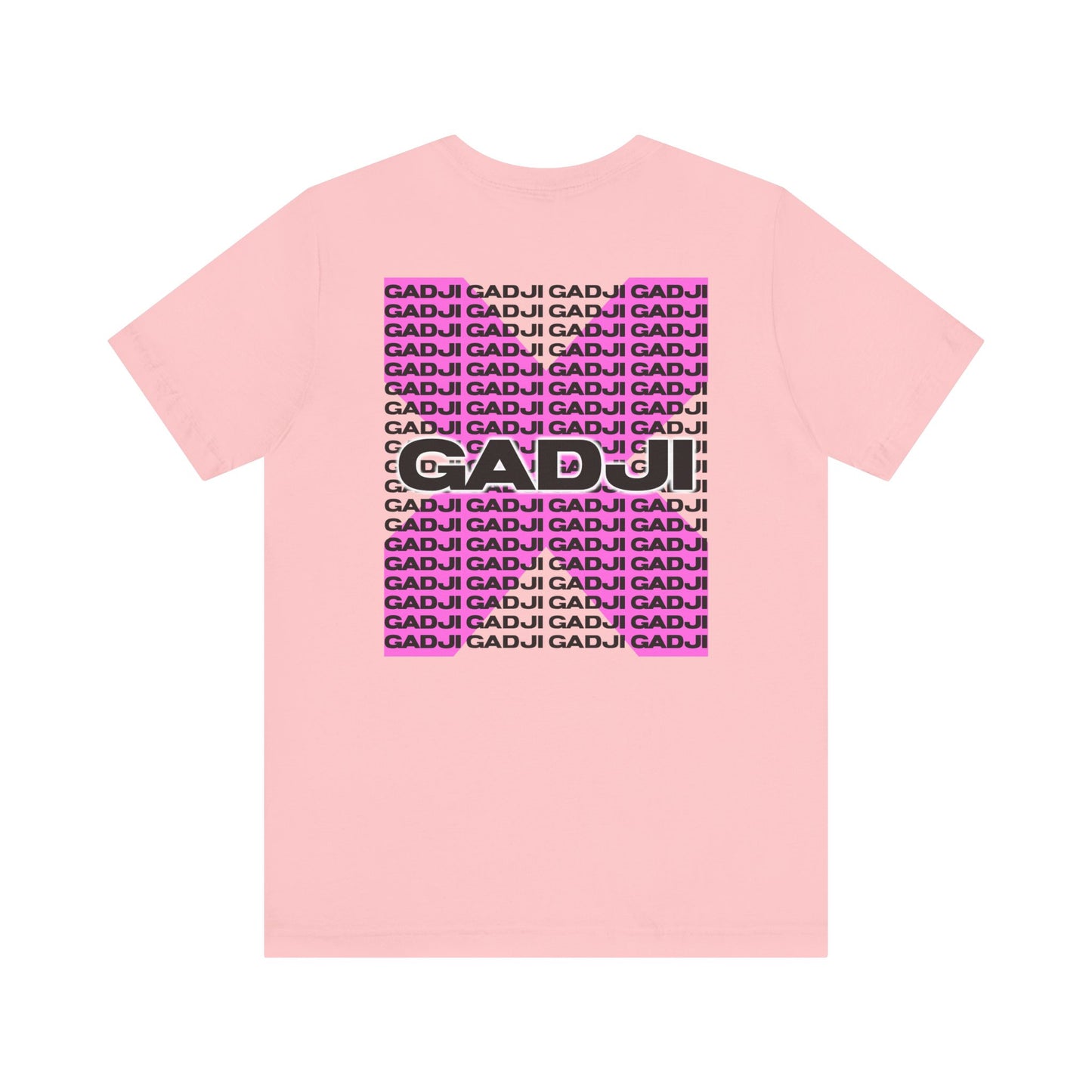 Dusty rose shirt with bold black GADJI typography in a Roman art motif.
