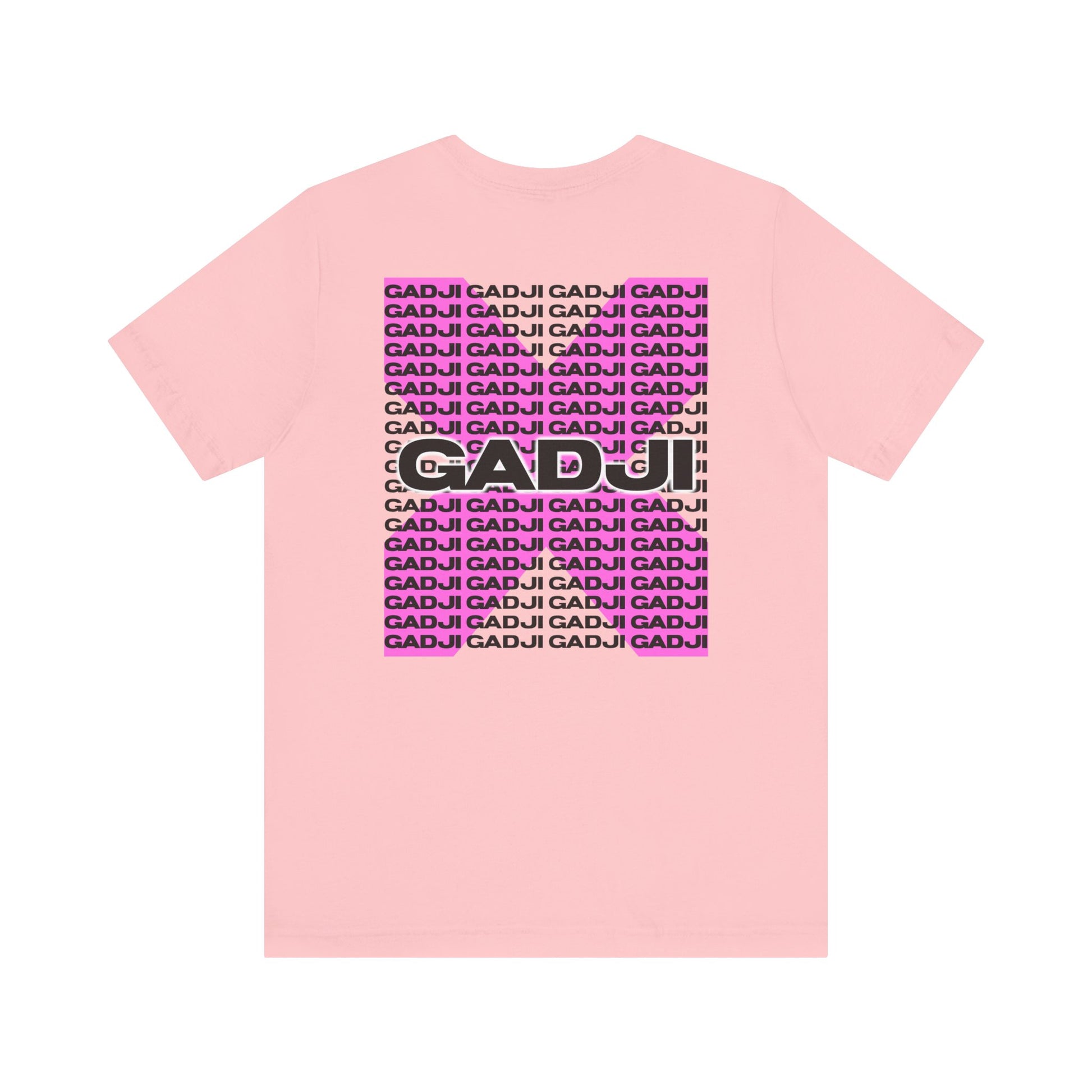 Dusty rose shirt with bold black GADJI typography in a Roman art motif.