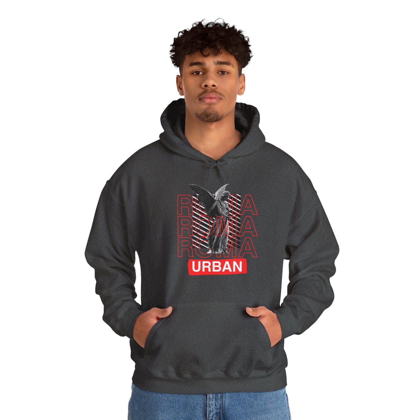 Grunge-inspired hoodie design with ROMA text, statue overlay, and “URBAN” accent beneath.
