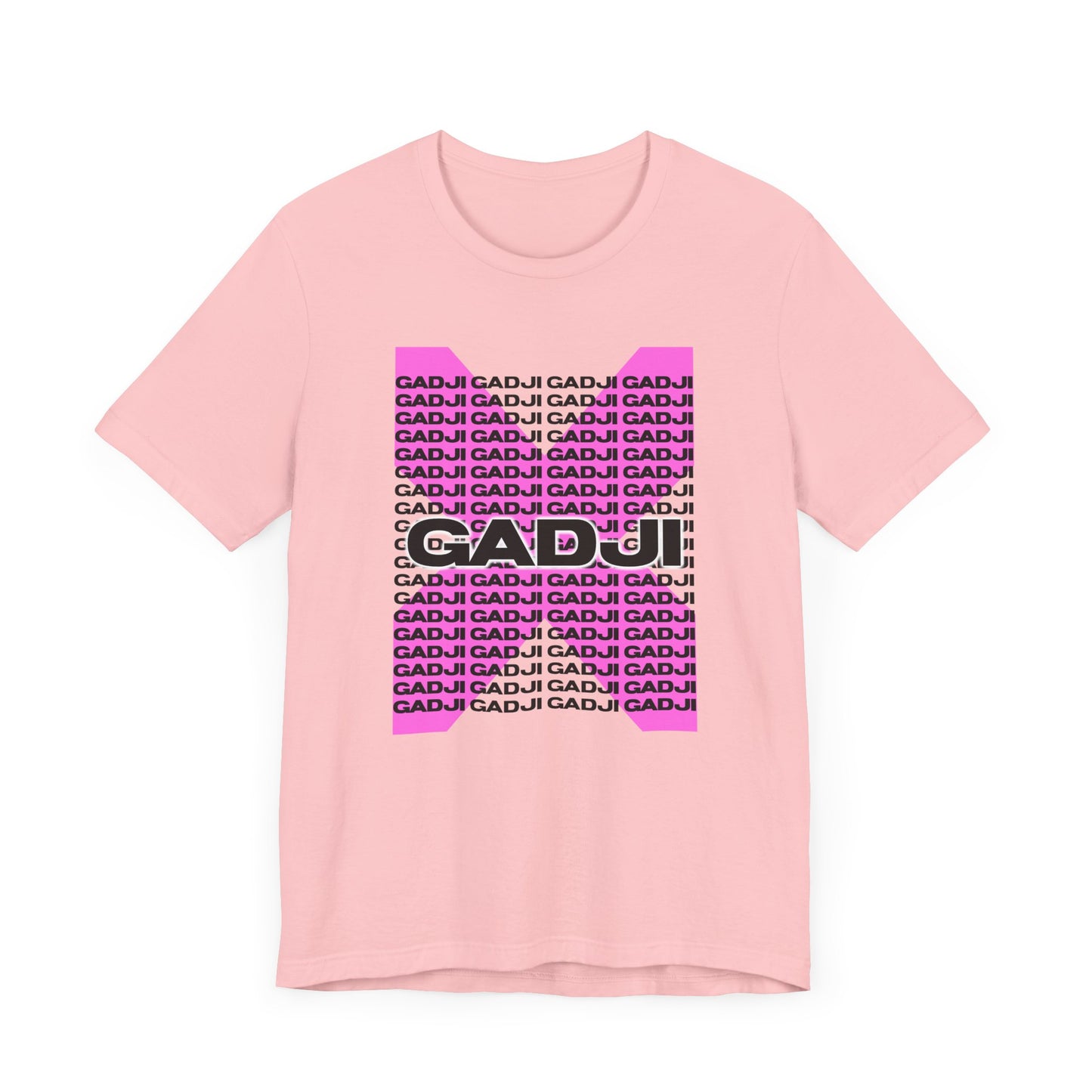 White t-shirt with arched GADJI text in faded red, styled like ancient Roman signage.