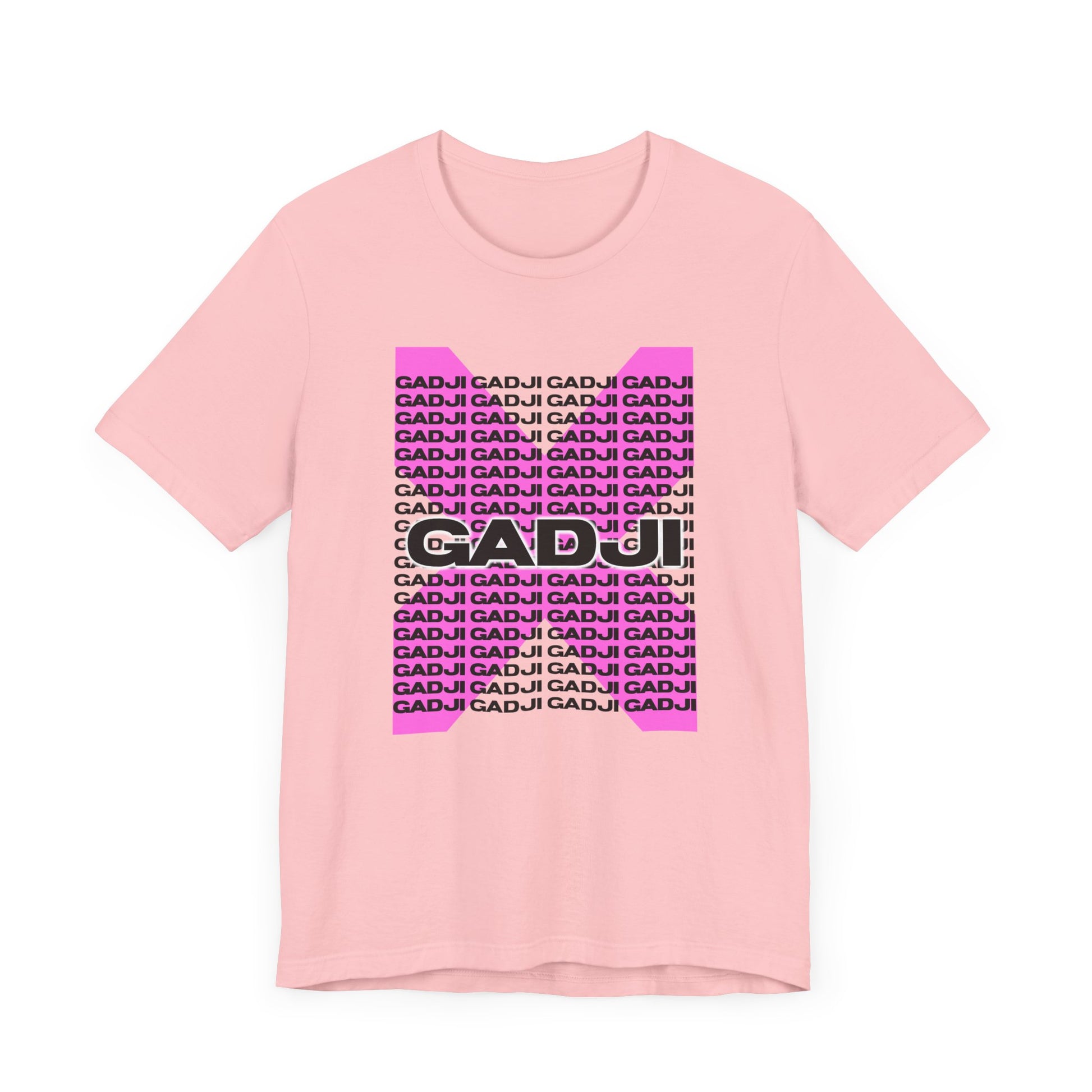 White t-shirt with arched GADJI text in faded red, styled like ancient Roman signage.