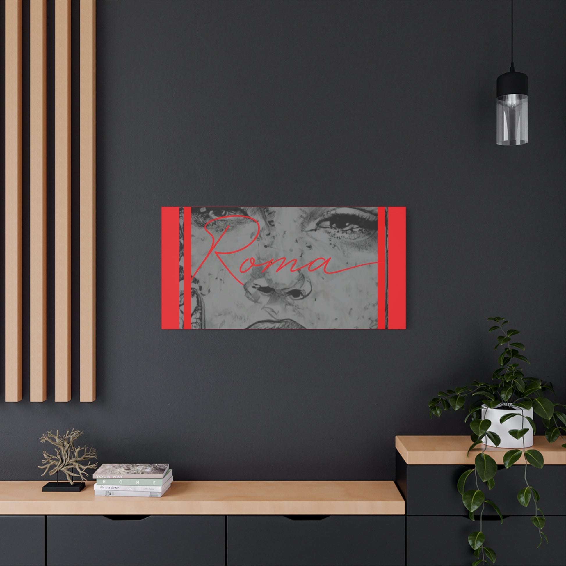 Decorative wall canvas showing a quiet moment of sadness in a girl's face, marked with ROMA text.