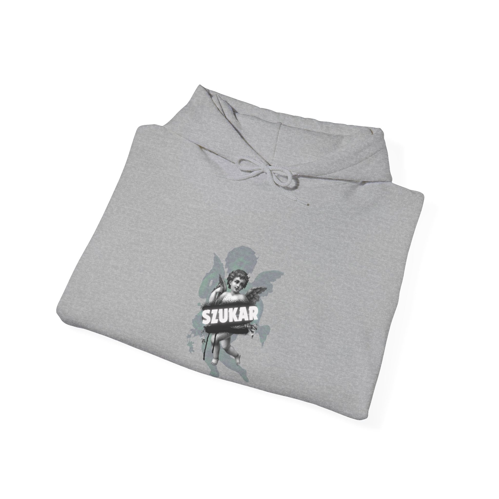 Soft streetwear hoodie featuring a celestial angel figure and stylized SZUKAR text design.