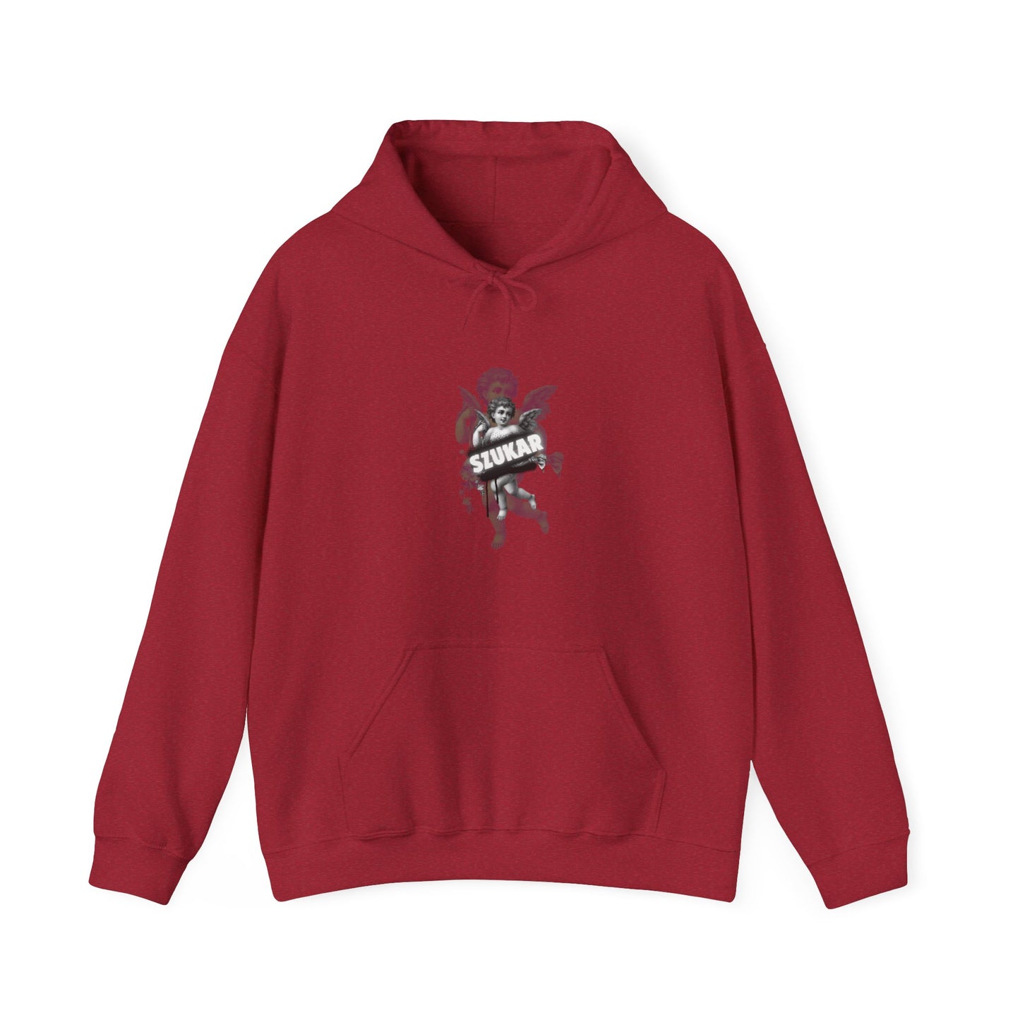Dreamy hoodie design showing an angel in prayer with light ‘SZUKAR’ font near the hem.