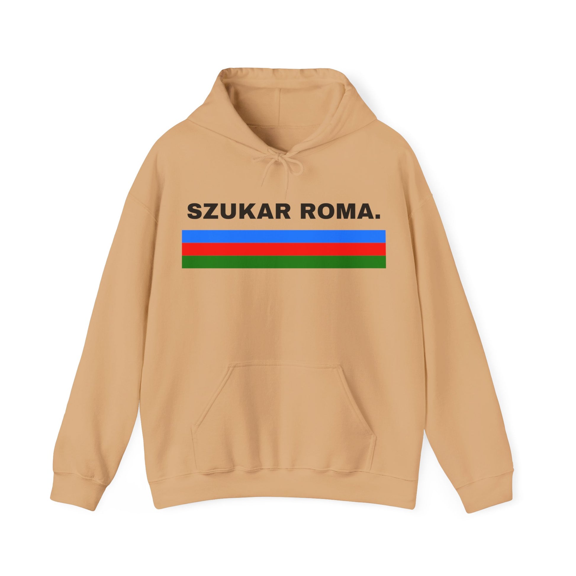 Streetwear-style hoodie combining Roma cultural colors with standout "SZUKAR ROMA" branding.