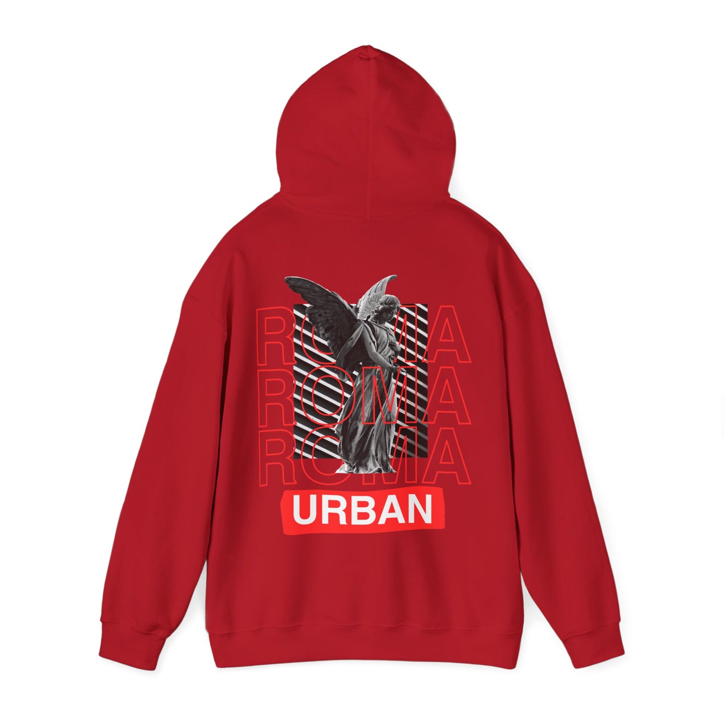 Red hoodie with 'Urban' design on the back against a white background