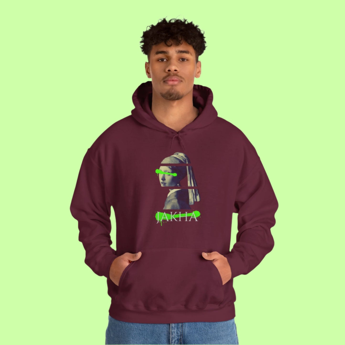 Emotive hoodie design featuring a Roma girl’s face with subtle textures and modern cultural edge.

