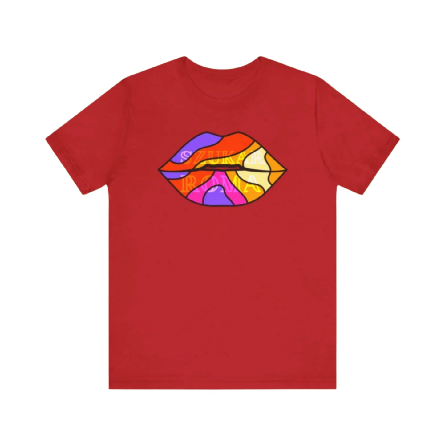 SZUKAR ROMA tee t-shirt with purple, yellow, and red lips and subtle branding.