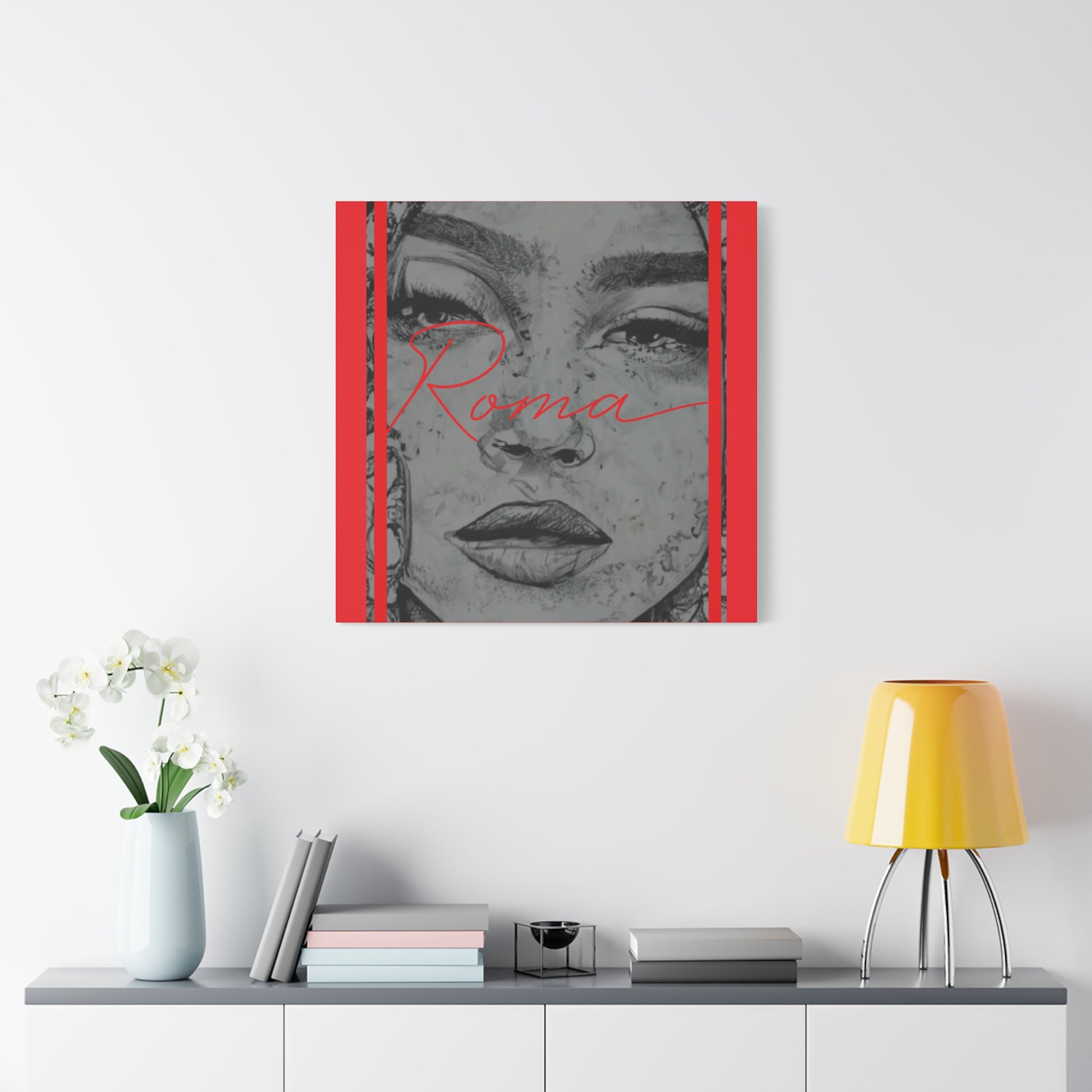 Modern canvas portrait highlighting the emotion in a girl's eyes, paired with bold ROMA typography as a symbolic element.