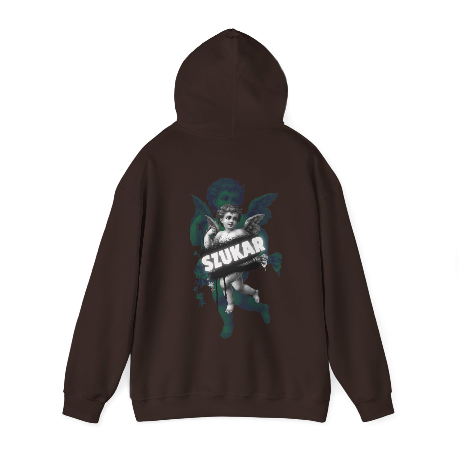 Statement streetwear hoodie showing a crying angel art and bold ‘SZUKAR’ typography beneath.