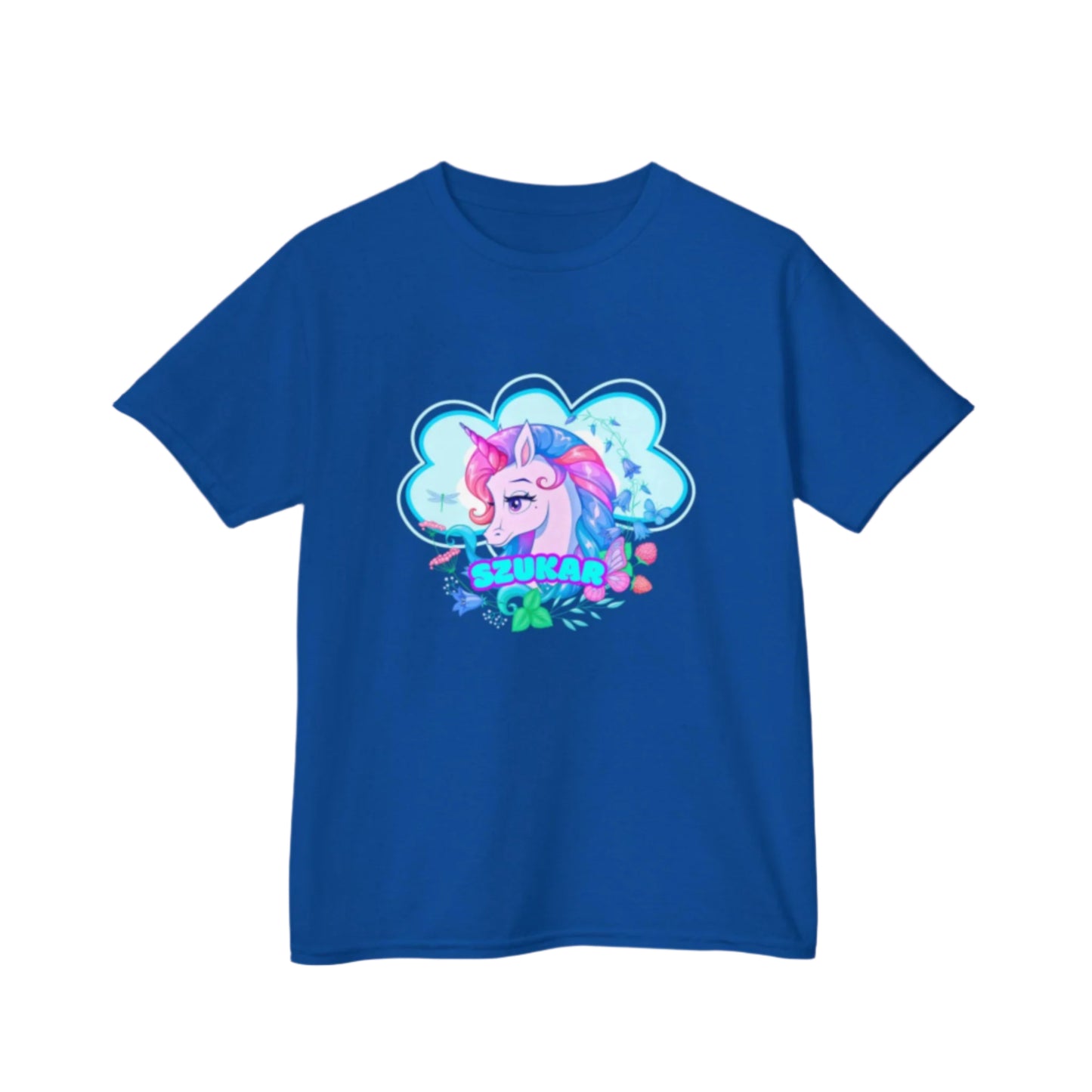 Kids’ short sleeve T-shirt with a prancing unicorn and shooting stars motif.